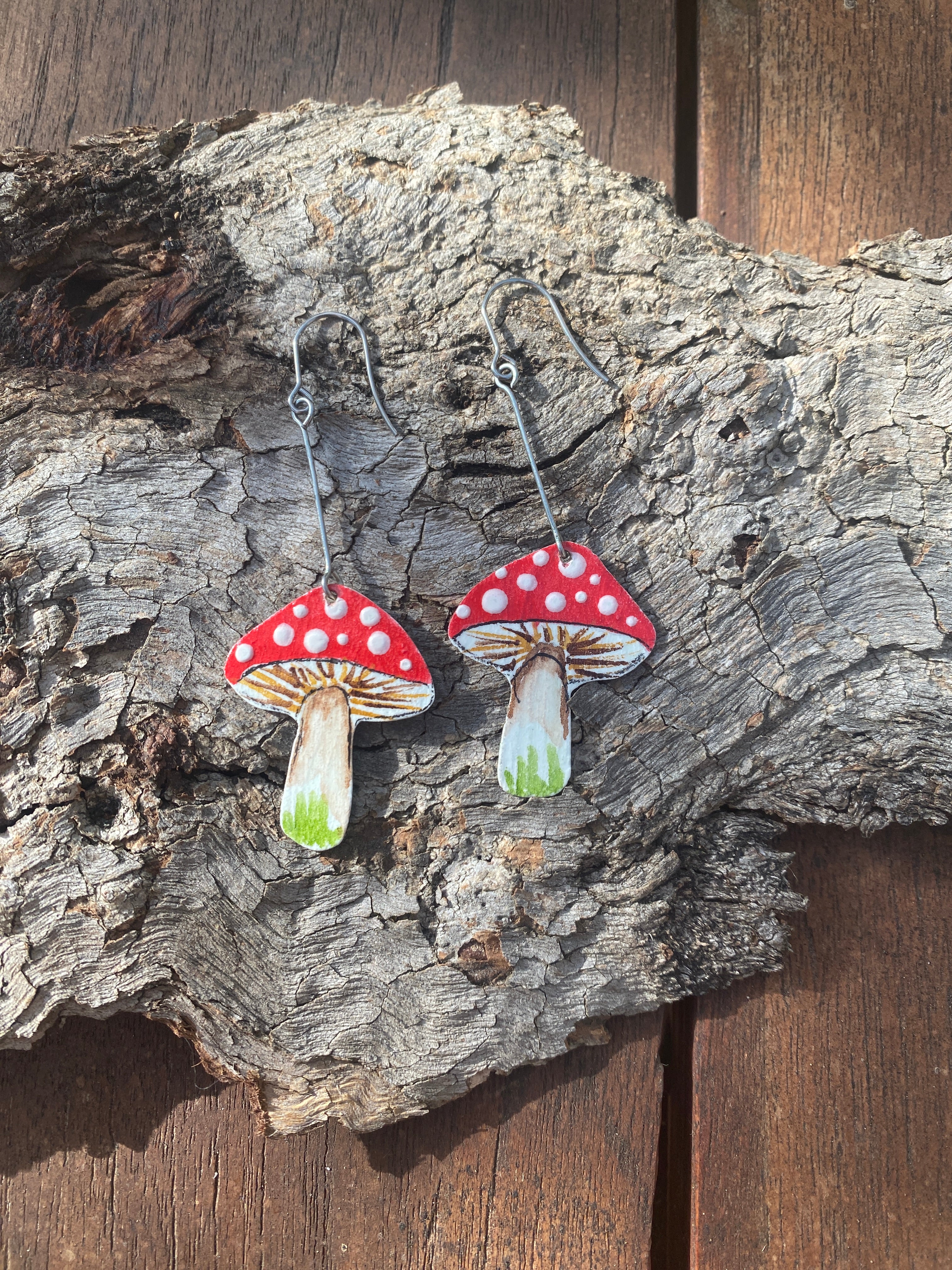 Small Toadstool Earrings – Hand-painted Brass Jewellery
