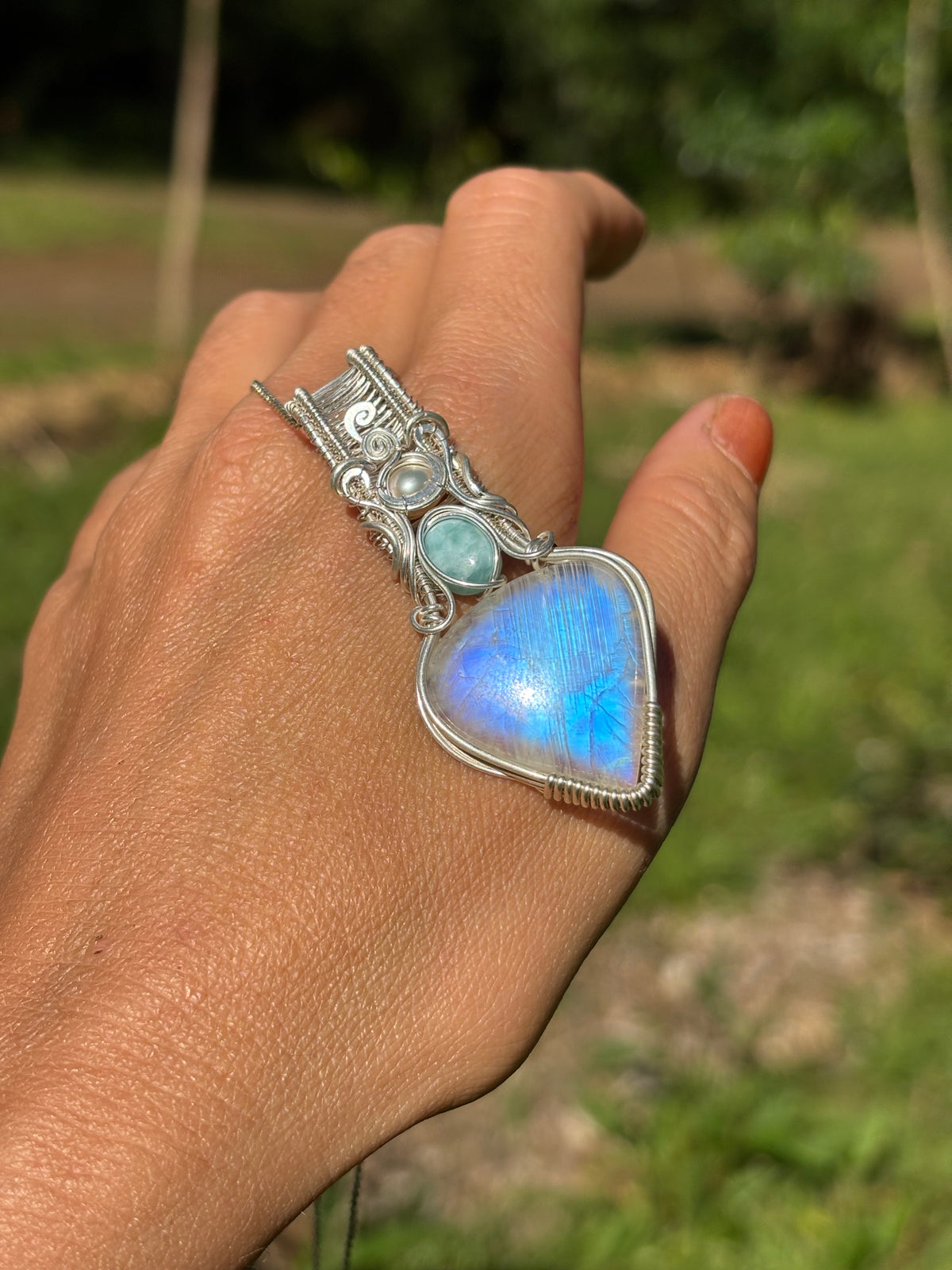 Moonstone, Larimar, Pearl, silver pendant
