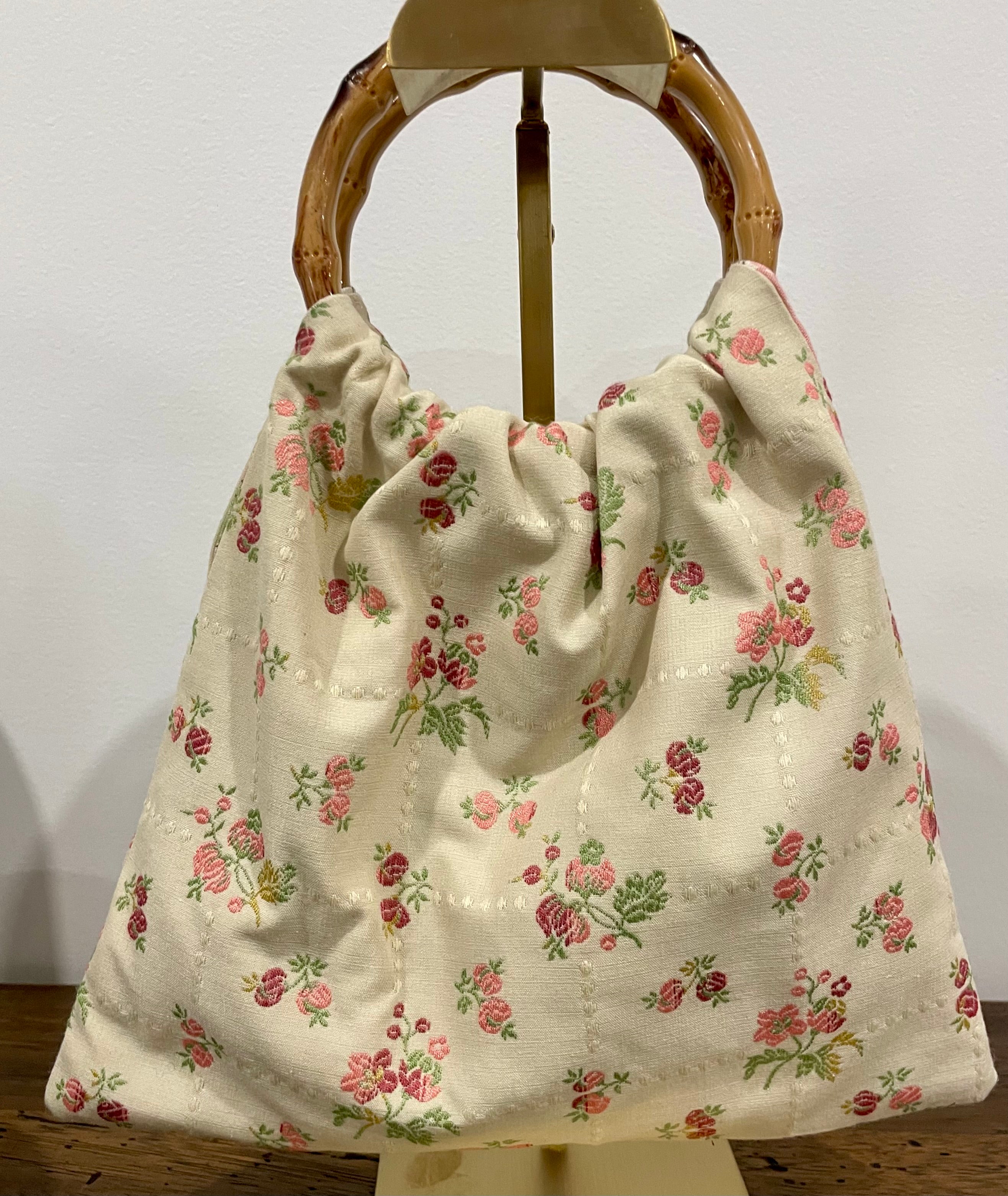 Boho Granny Bag, Embroidered Roses, Bamboo Handles