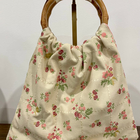 Boho Granny Bag, Embroidered Roses, Bamboo Handles