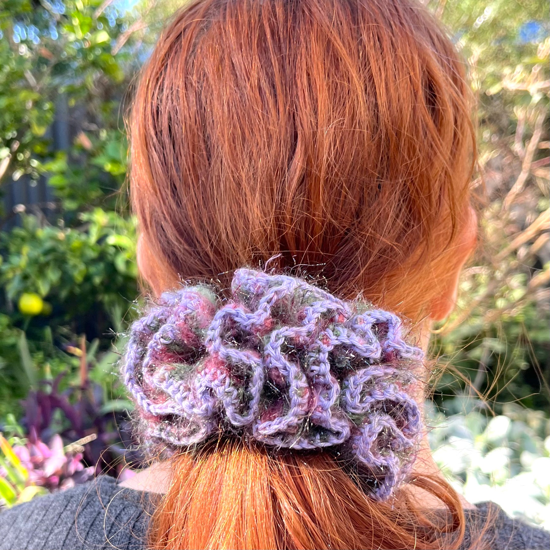 Hyperbolic Ruffled Crochet Scrunchie - Lavender Garden with Sparkle - One of a Kind