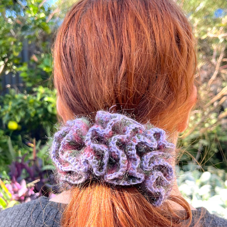 Hyperbolic Ruffled Crochet Scrunchie - Lavender Garden with Sparkle - One of a Kind