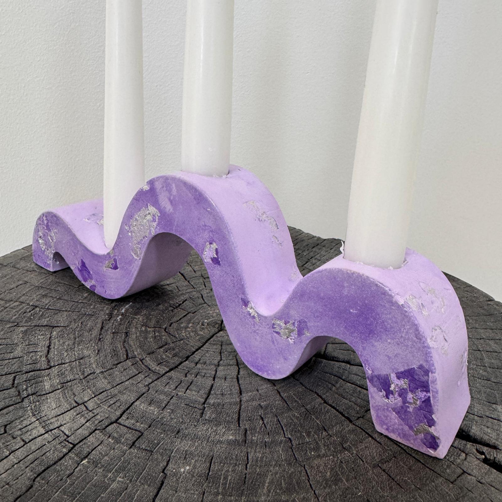 Lilac and silver wave concrete holder for 3 taper candles
