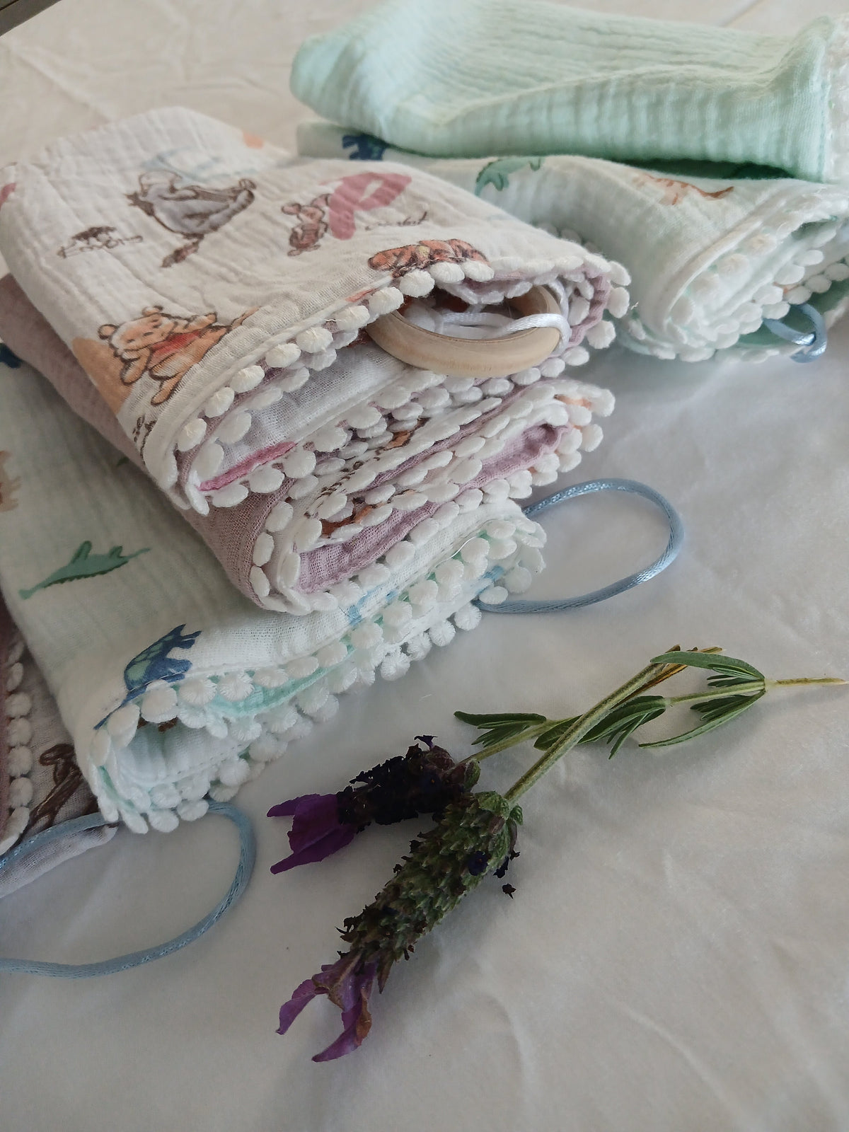 Handmade Double Gauze Dummy Comforter Set of 2 - 35x31cm with Beechwood Teething Ring -Dinosaurs , Light Mint