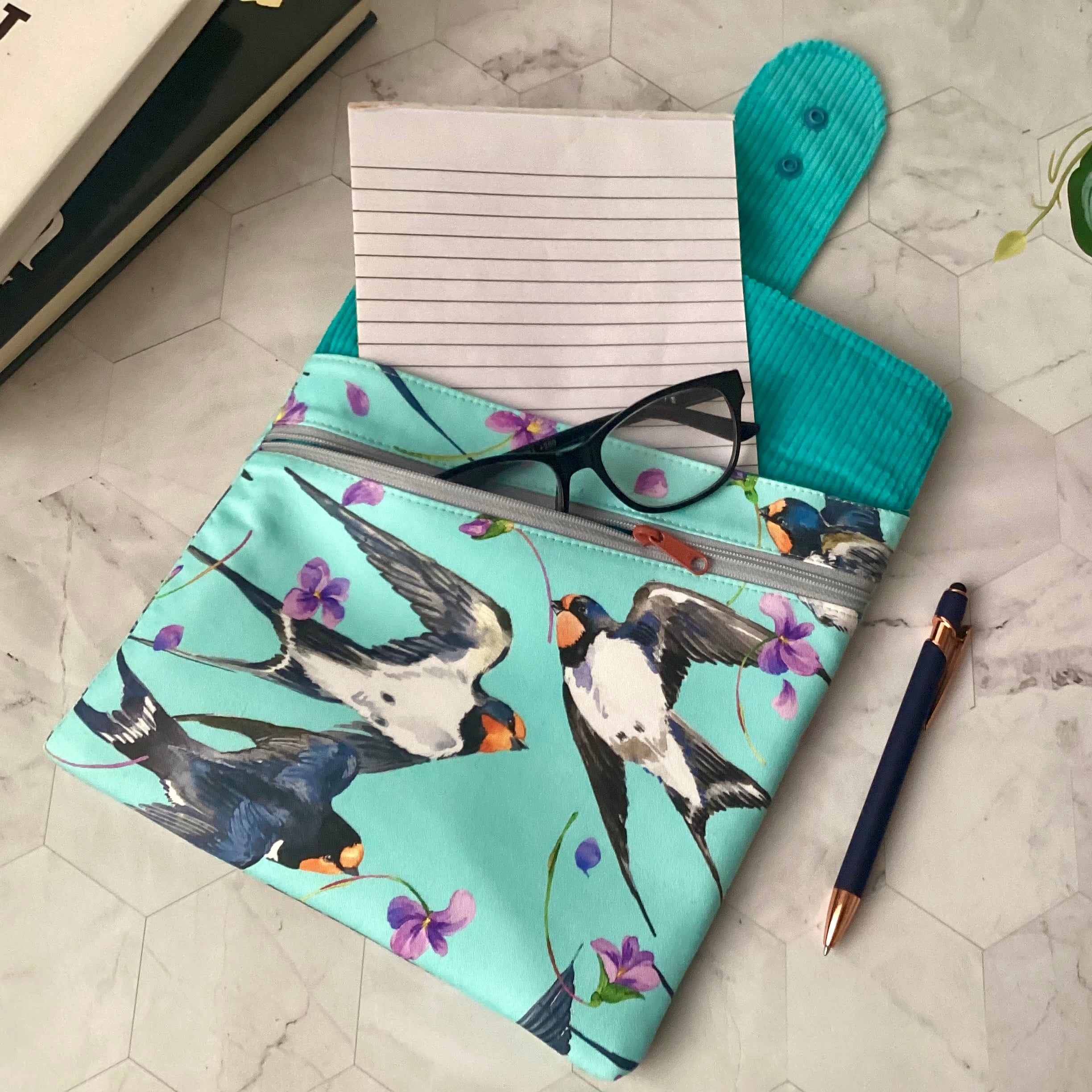 Swallows birds fabric book sleeve with 2 pockets. iPad, tablet pouch