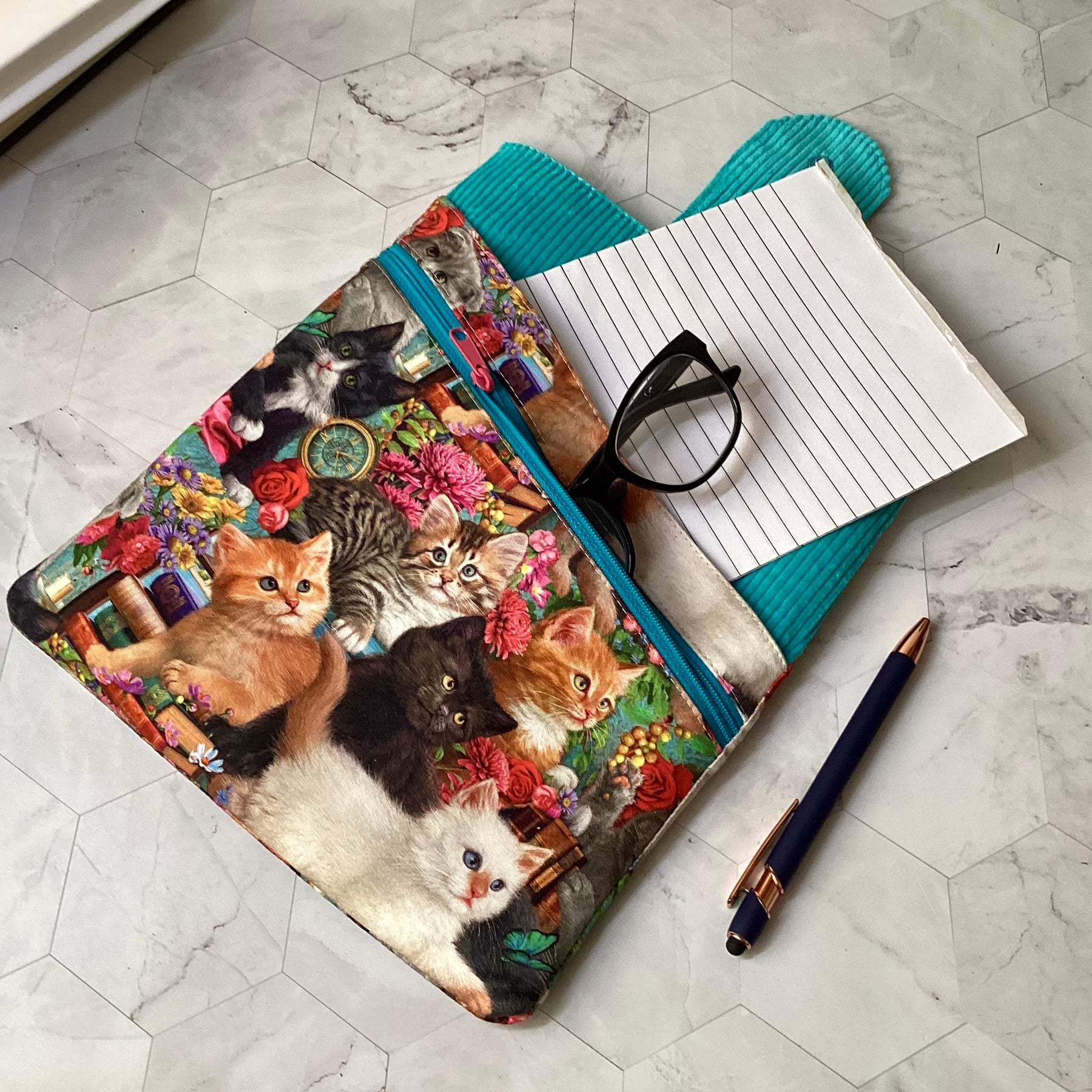 Kittens and Books fabric book sleeve with 2 pockets. iPad, tablet pouch