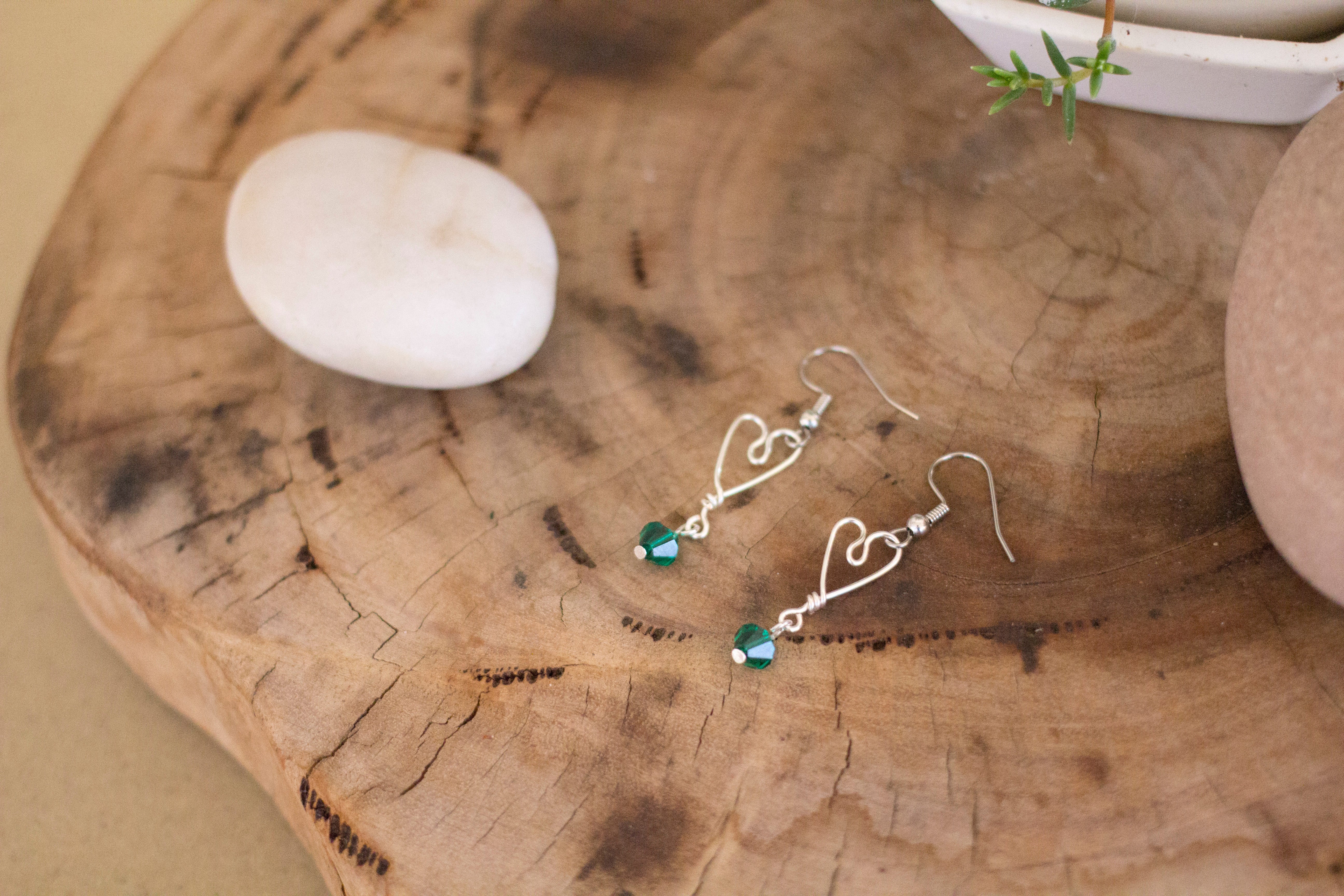 Silver Heart Earrings with Dark Green Glass Crystals