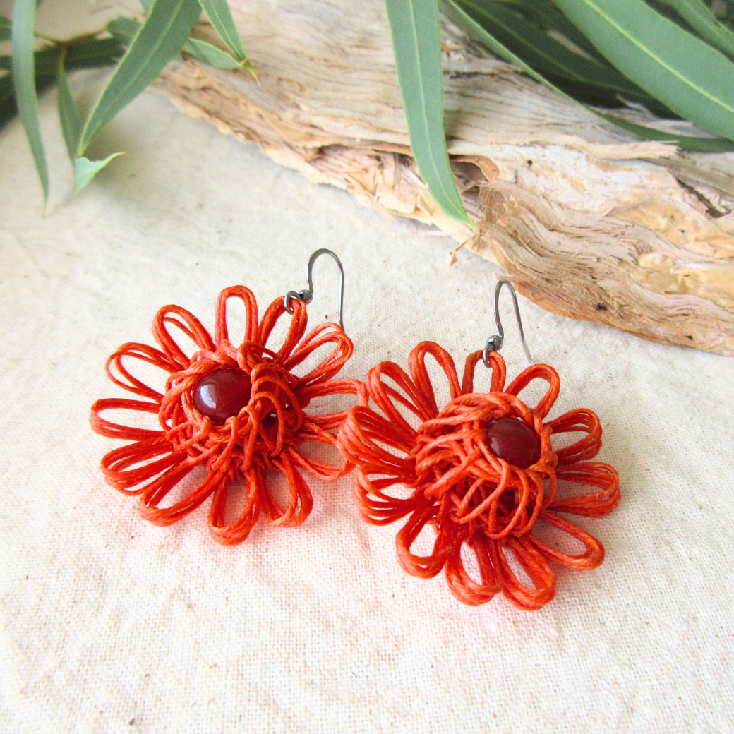 Orange Handmade Flower Earrings - Choose Your Gemstone (Green Aventurine, Carnelian Agate, Hemimorphite)