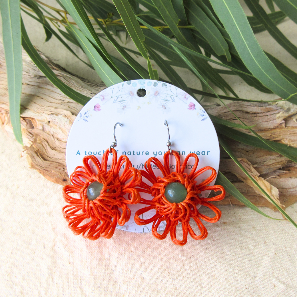 Orange Handmade Flower Earrings - Choose Your Gemstone (Green Aventurine, Carnelian Agate, Hemimorphite)