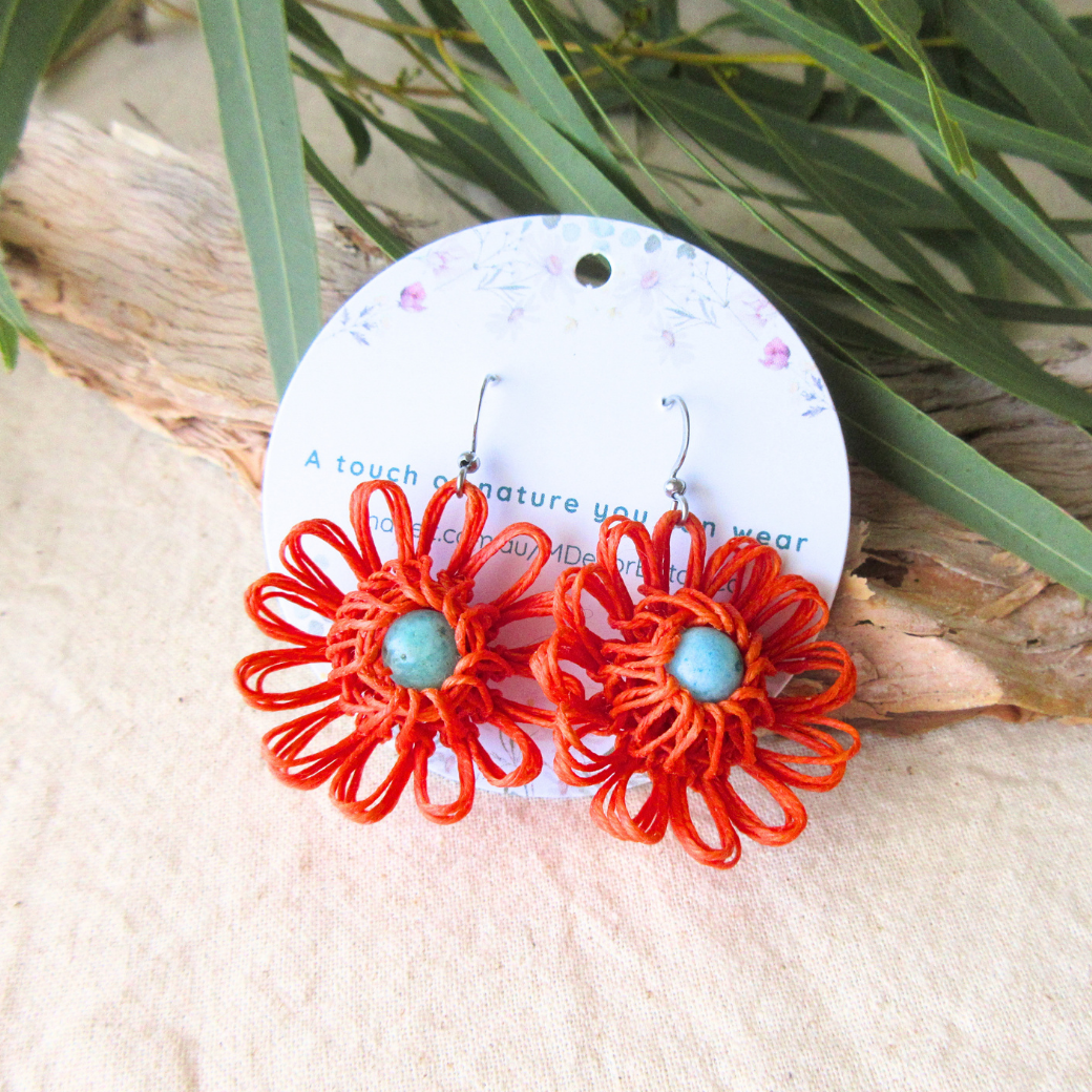 Orange Handmade Flower Earrings - Choose Your Gemstone (Green Aventurine, Carnelian Agate, Hemimorphite)