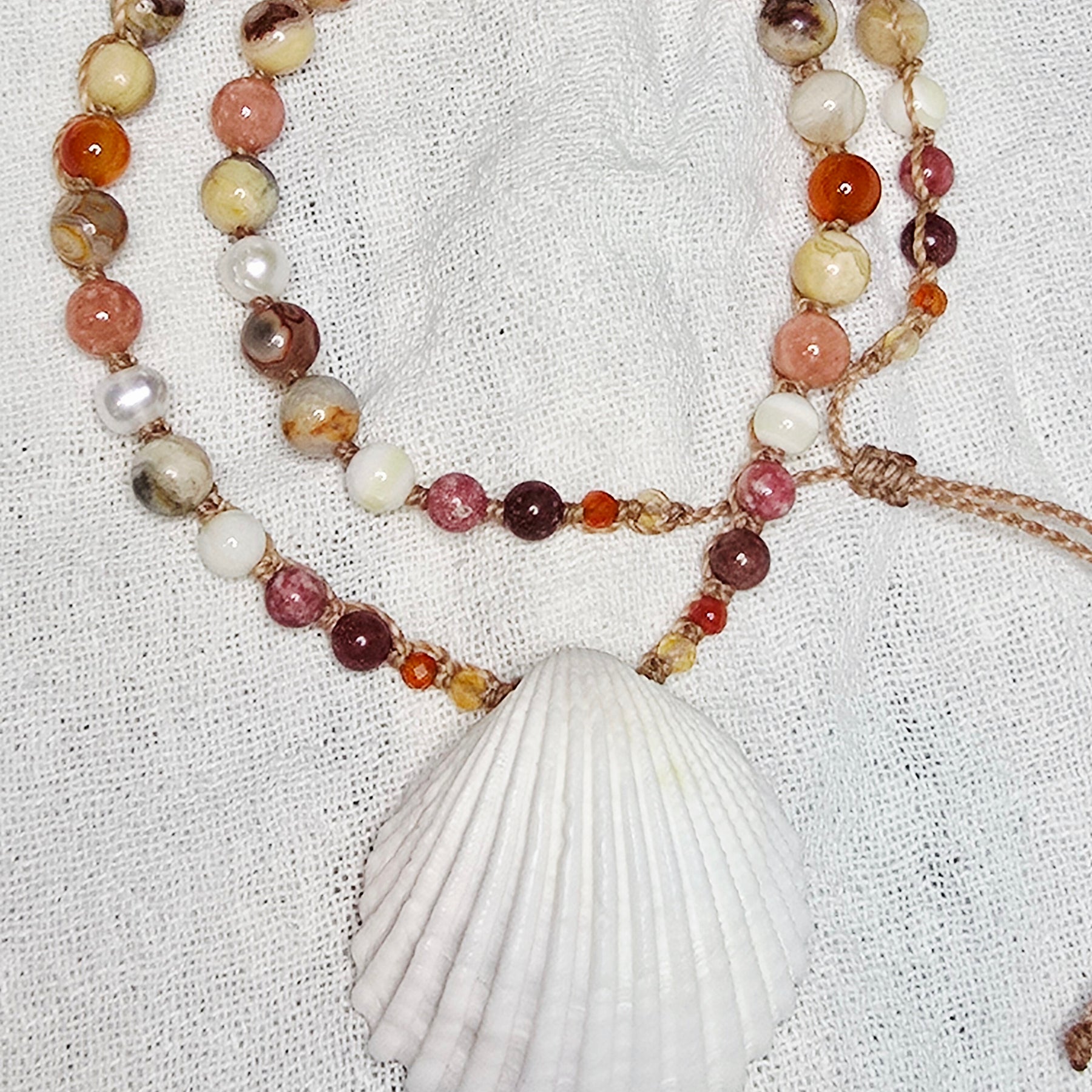 Cockle Shell Necklace Adjustable with Pearls and Gemstones
