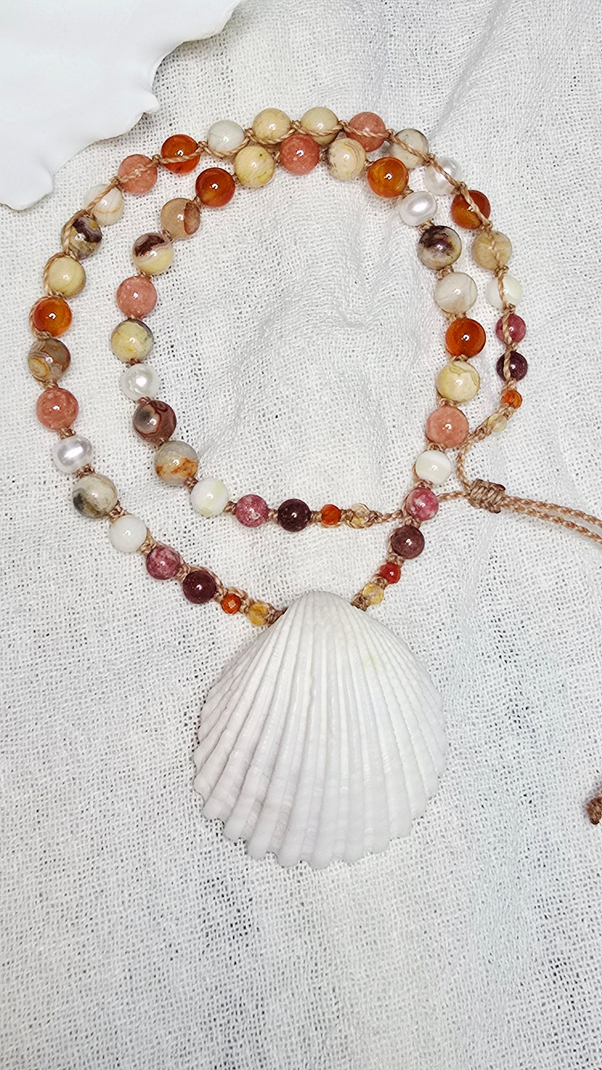 Cockle Shell Necklace Adjustable with Pearls and Gemstones
