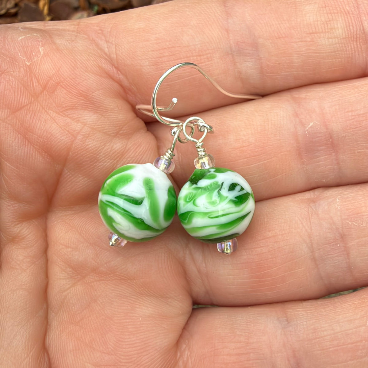 Green and White Lampwork Bead Earrings Sterling Silver
