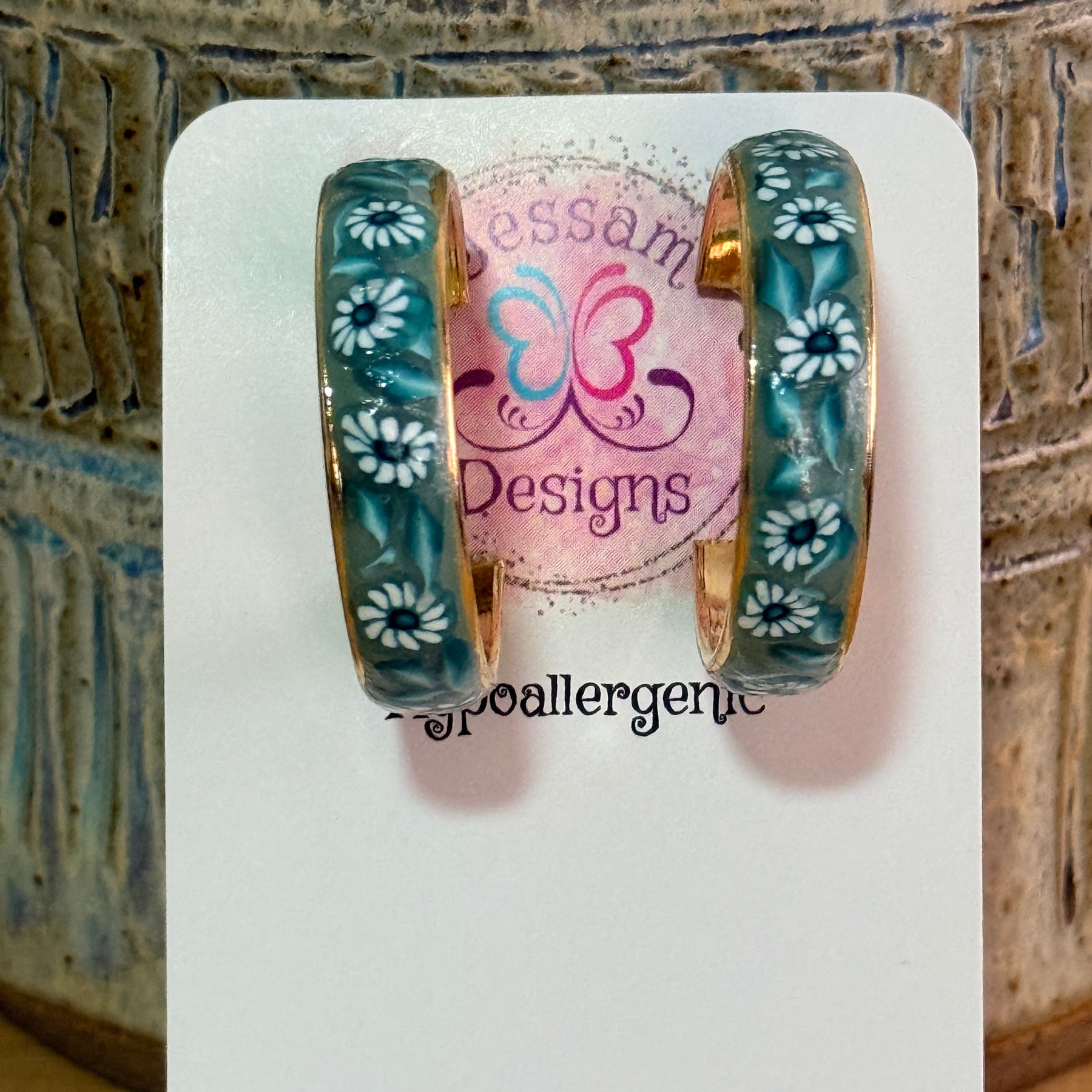 Teal Polymer Clay Daisies & Leaves On Gold Plated Hoop Earrings.