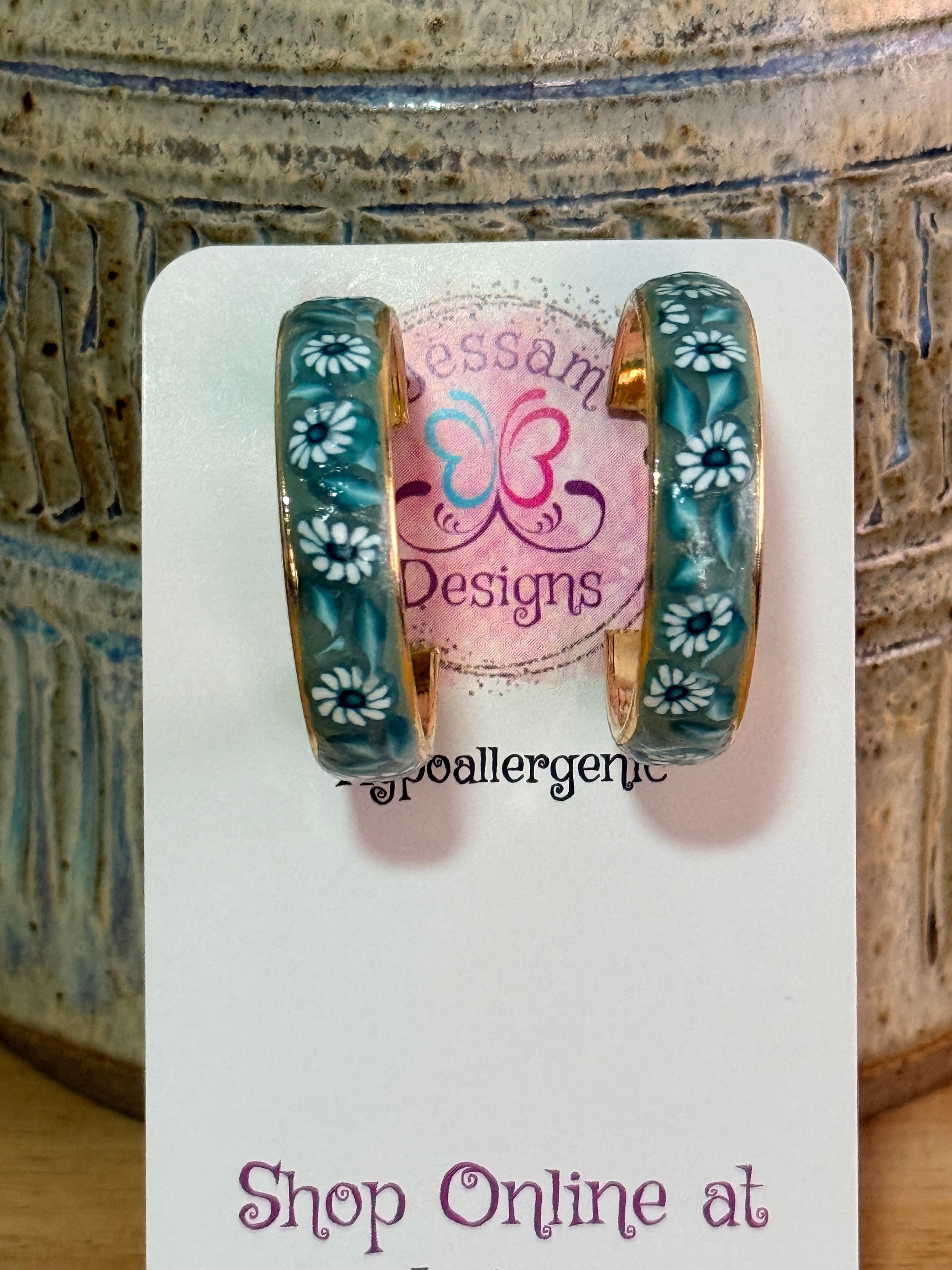 Teal Polymer Clay Daisies & Leaves On Gold Plated Hoop Earrings.