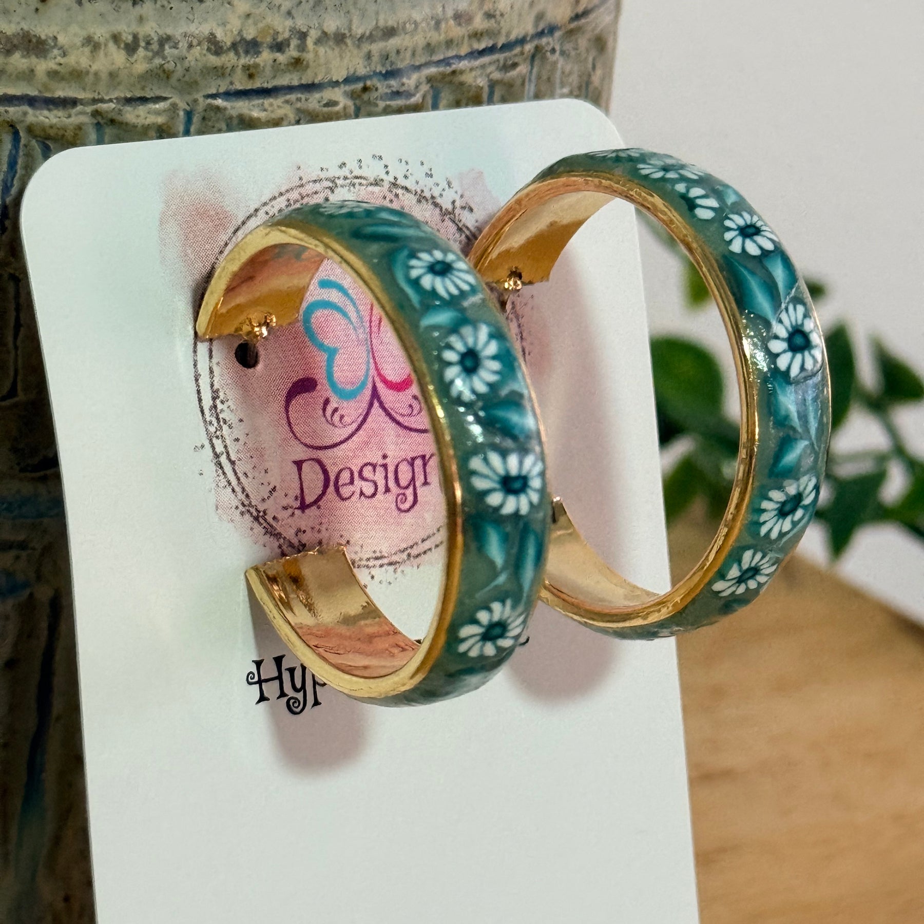 Teal Polymer Clay Daisies & Leaves On Gold Plated Hoop Earrings.