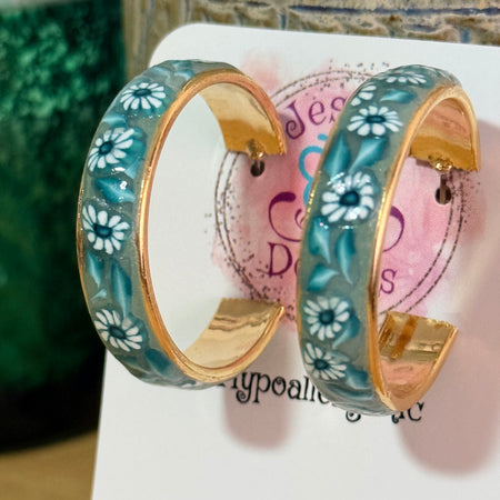 Teal Polymer Clay Daisies & Leaves On Gold Plated Hoop Earrings.