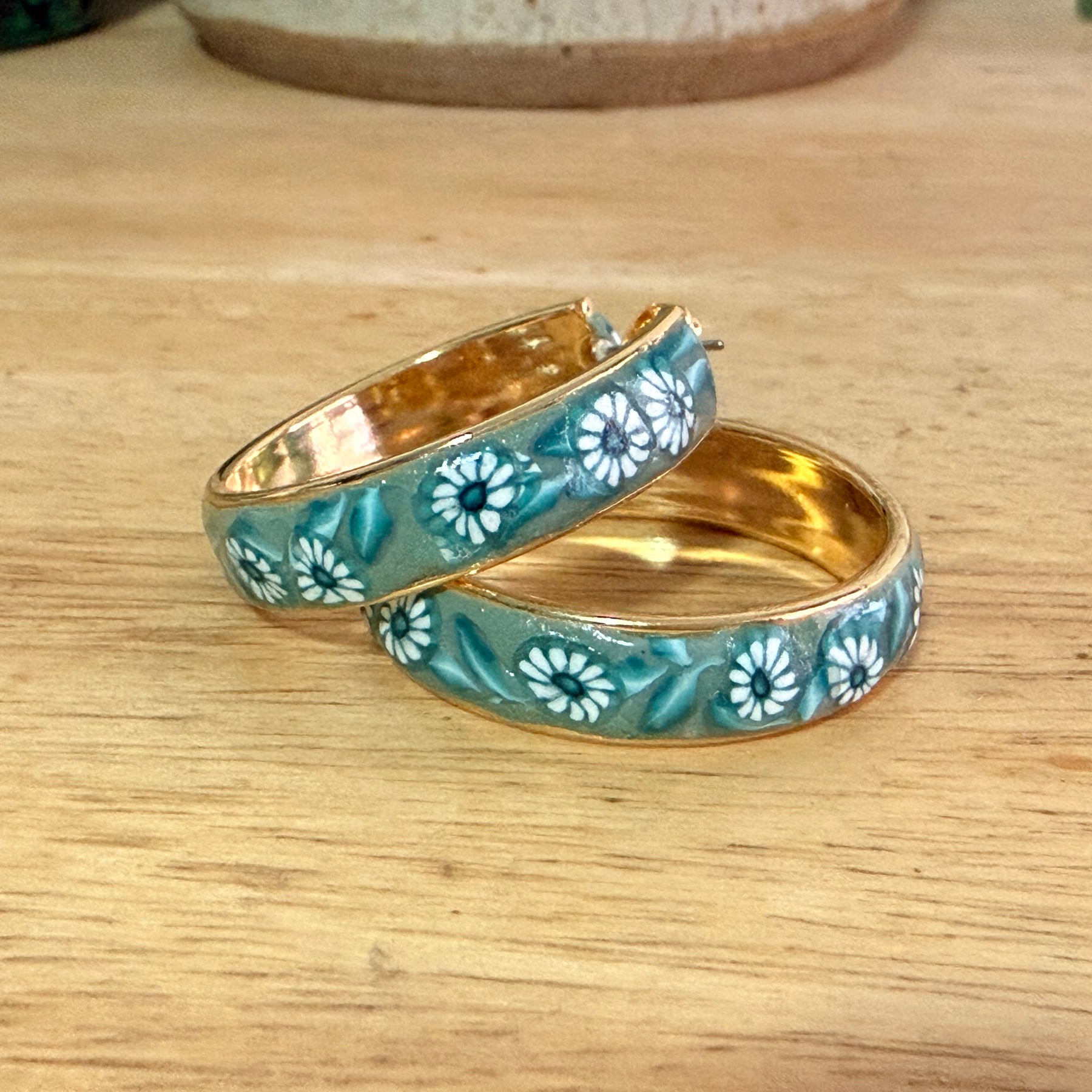 Teal Polymer Clay Daisies & Leaves On Gold Plated Hoop Earrings.