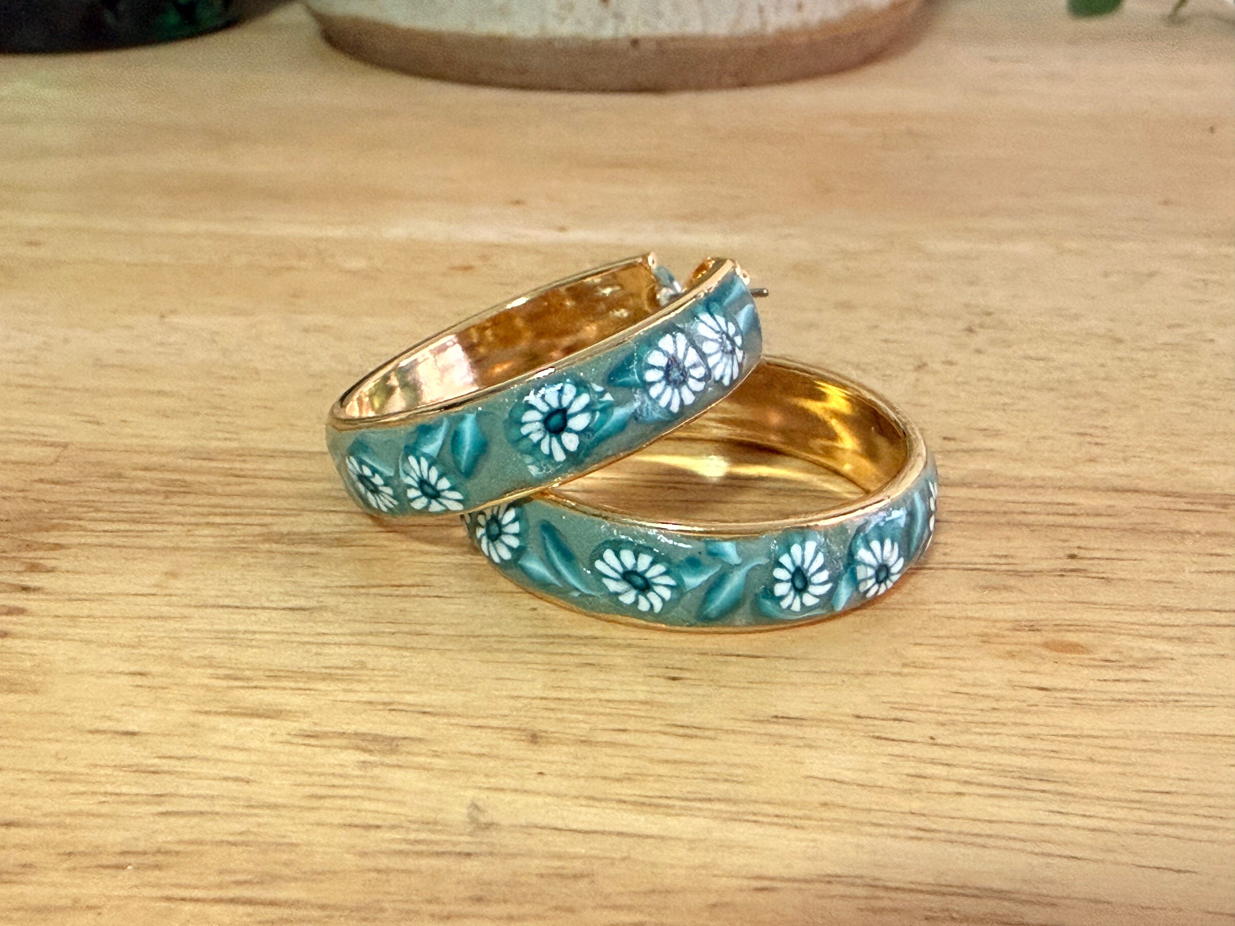 Teal Polymer Clay Daisies & Leaves On Gold Plated Hoop Earrings.