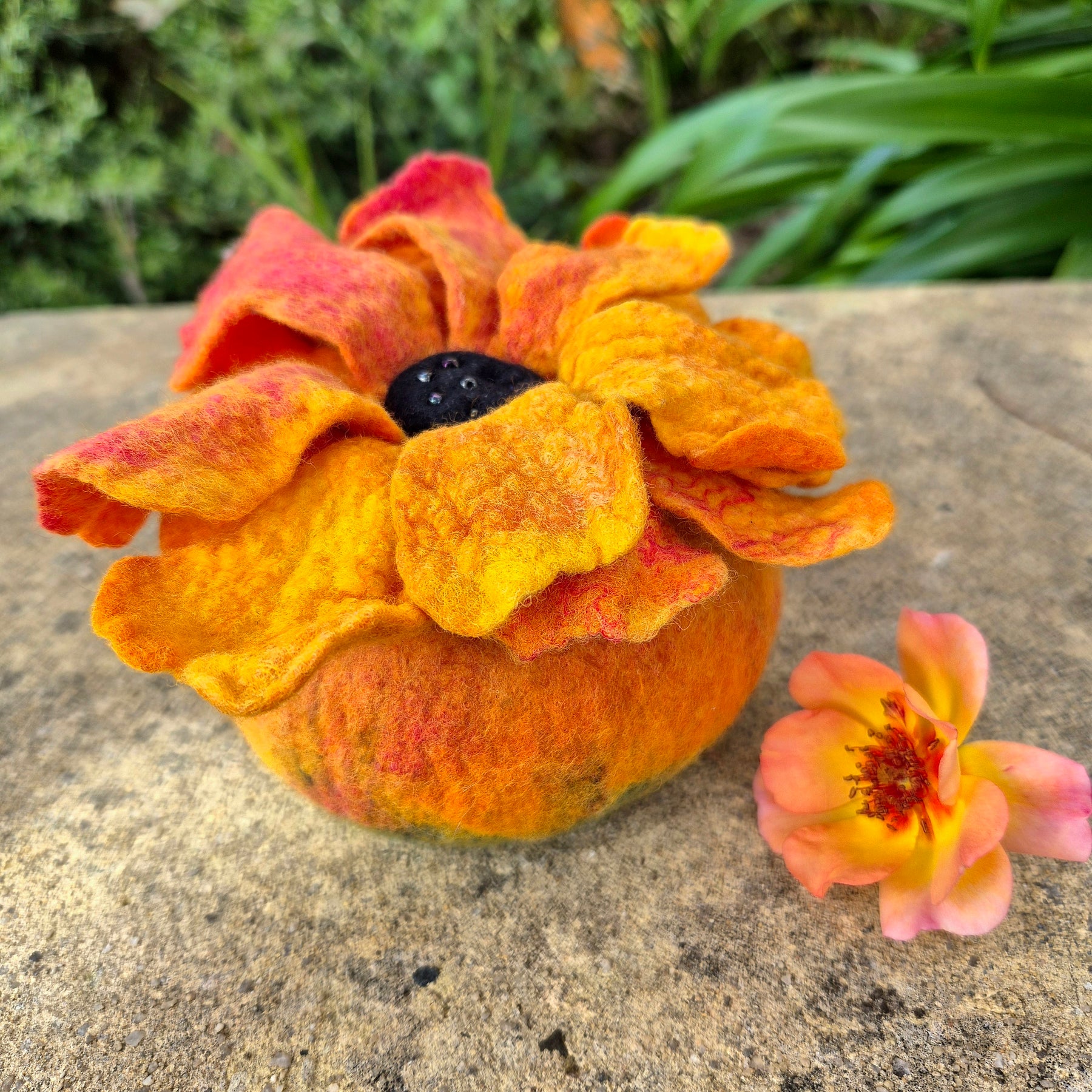 Sunflower Felted Wool Vessel with Flower Lid – Handmade Trinket Bowl