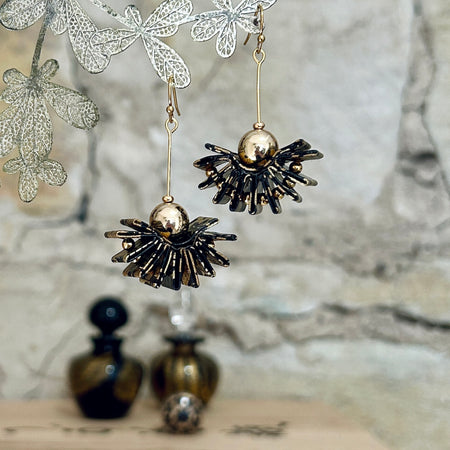 Earrings Fan Shape Black Gold Japanese Paper: EB-112