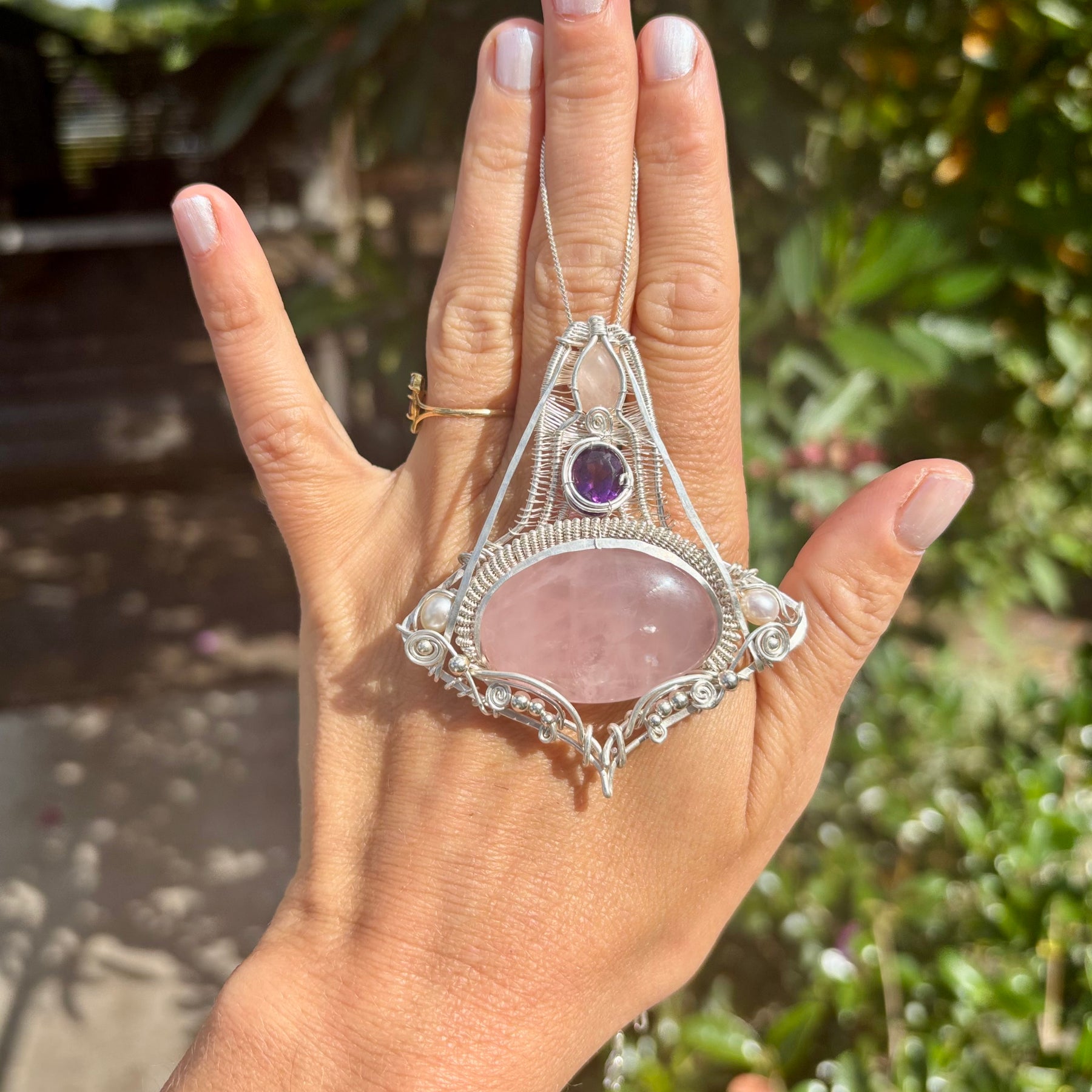 Amethyst/Rose Quartz Crystal silver wire wrap pendant