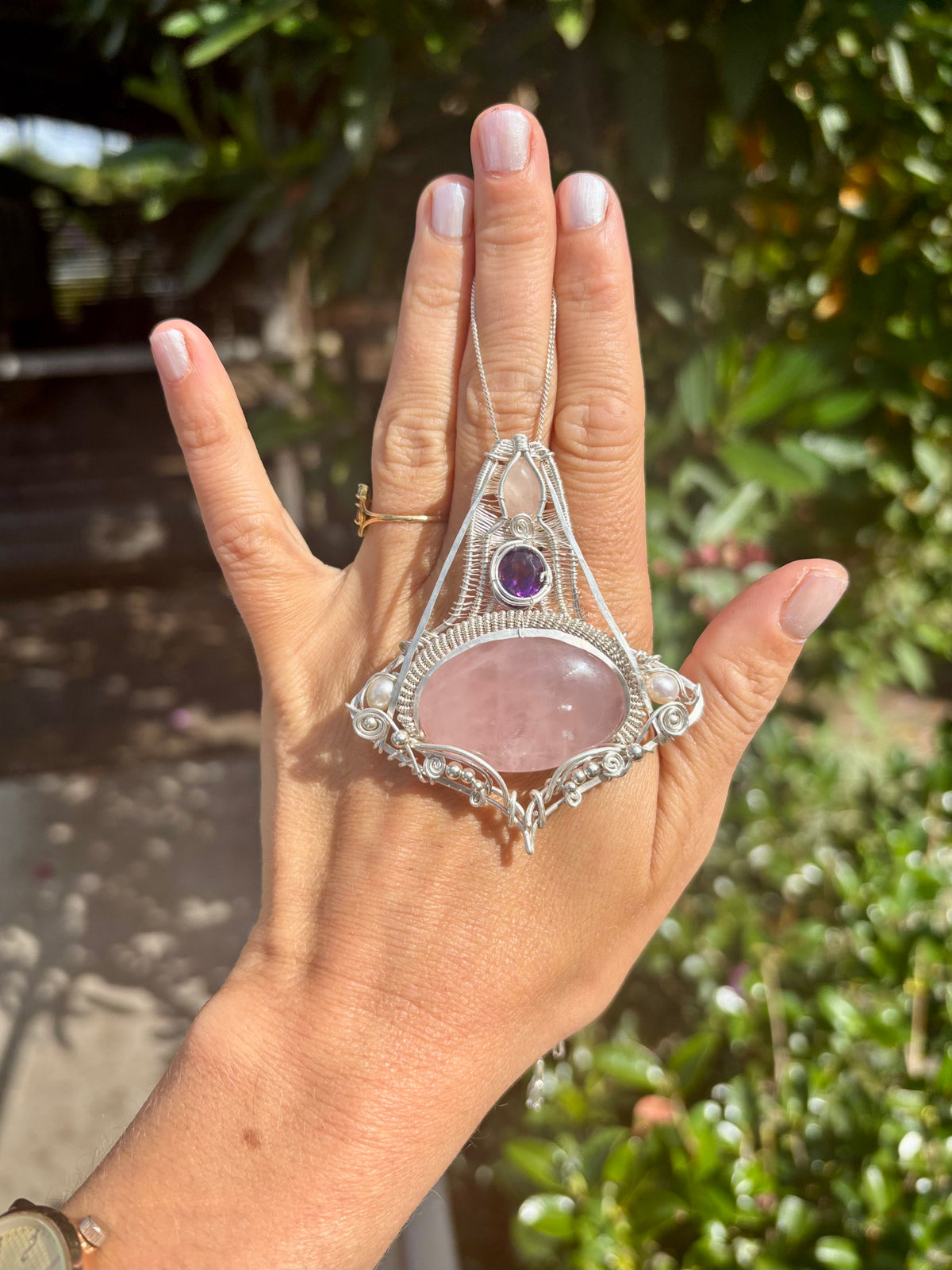 Amethyst/Rose Quartz Crystal silver wire wrap pendant