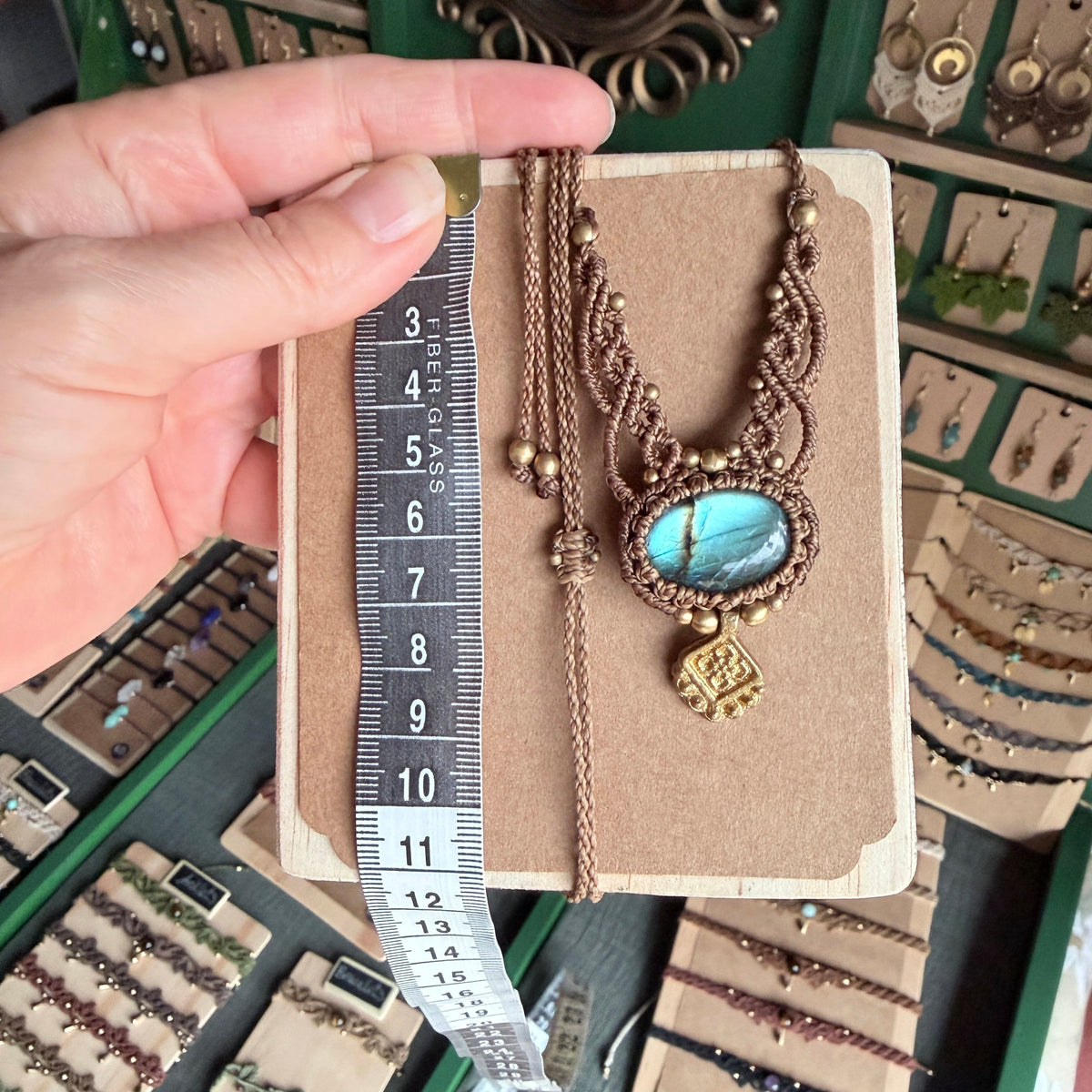 Macrame Oblong Labradorite Necklace with Brass Charm