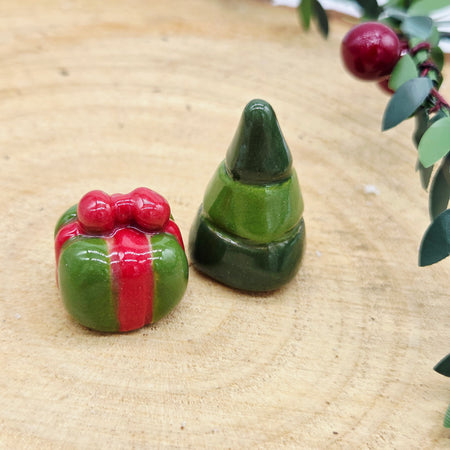 2 x tiny Christmas Ceramics - Present and Christmas Tree