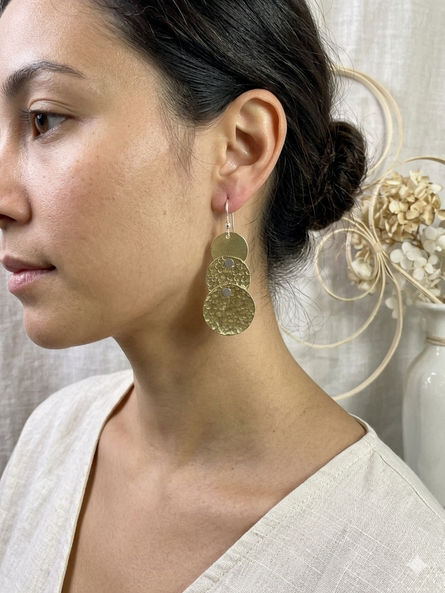 Trio Brass disc earrings. Handmade