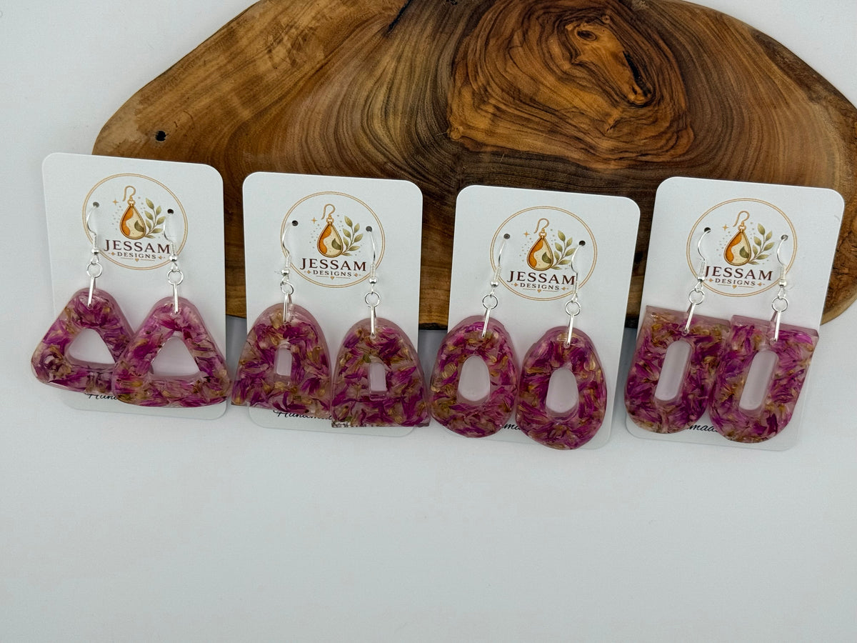 Springtime - Dried Purple Flower Resin Drop Earrings with Pearl Shimmer Back
