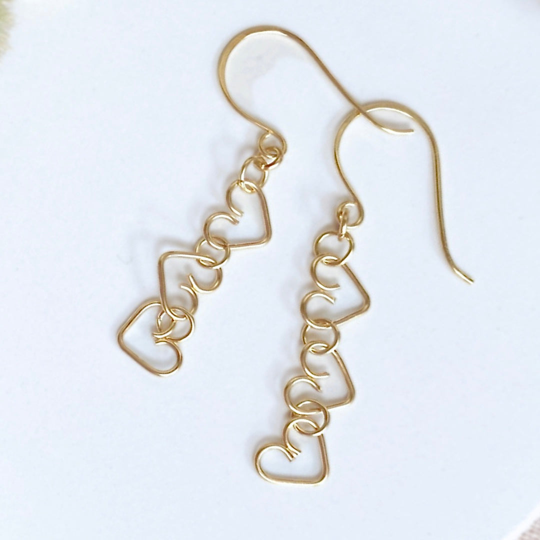 Chain of Hearts dangle earrings  | Sterling silver or Gold-filled | Birthday Valentine Anniversary gift