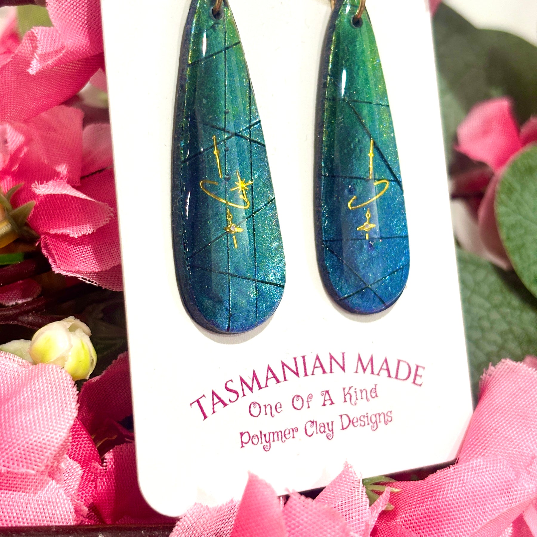 Celestial Teardrop Earrings | Blue Galaxy Polymer Clay Statement Earrings