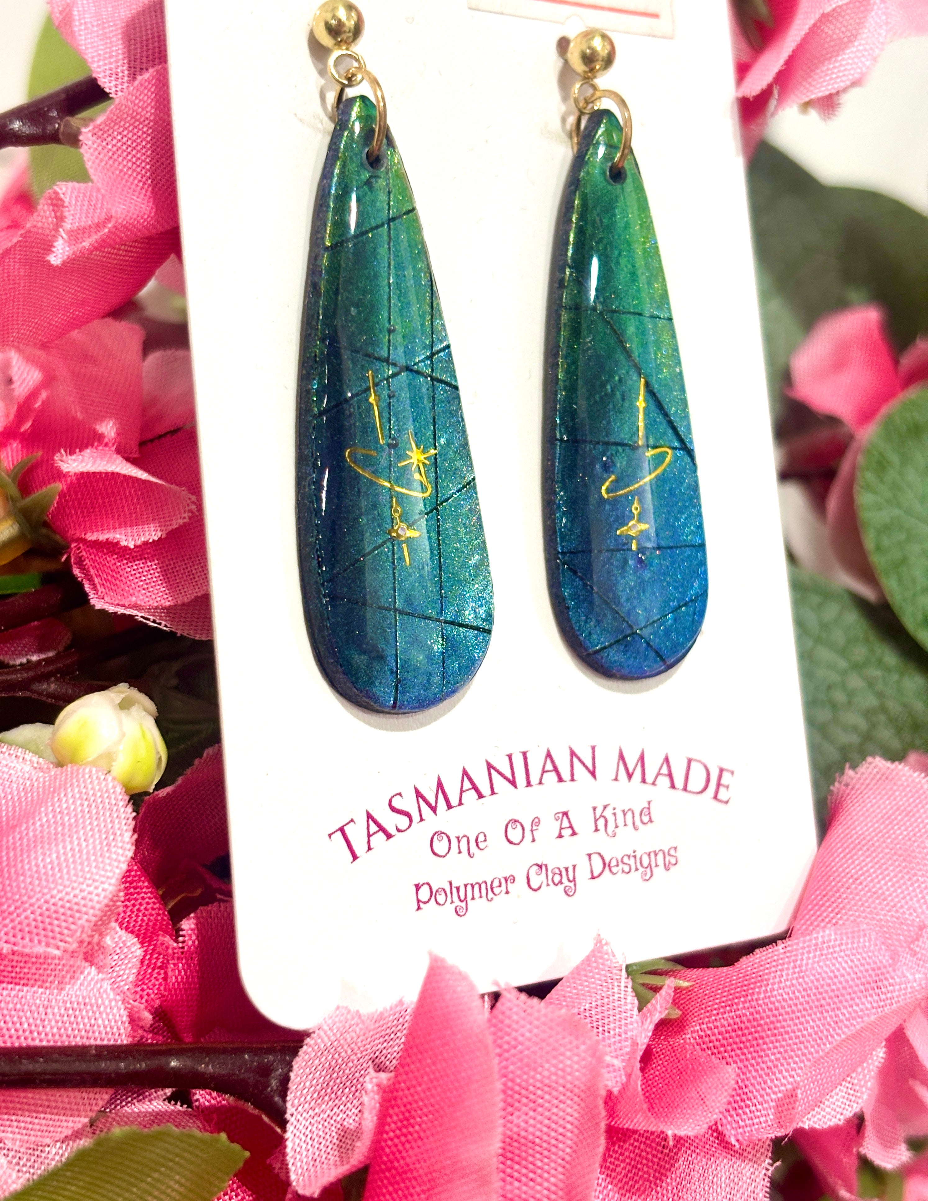 Celestial Teardrop Earrings | Blue Galaxy Polymer Clay Statement Earrings
