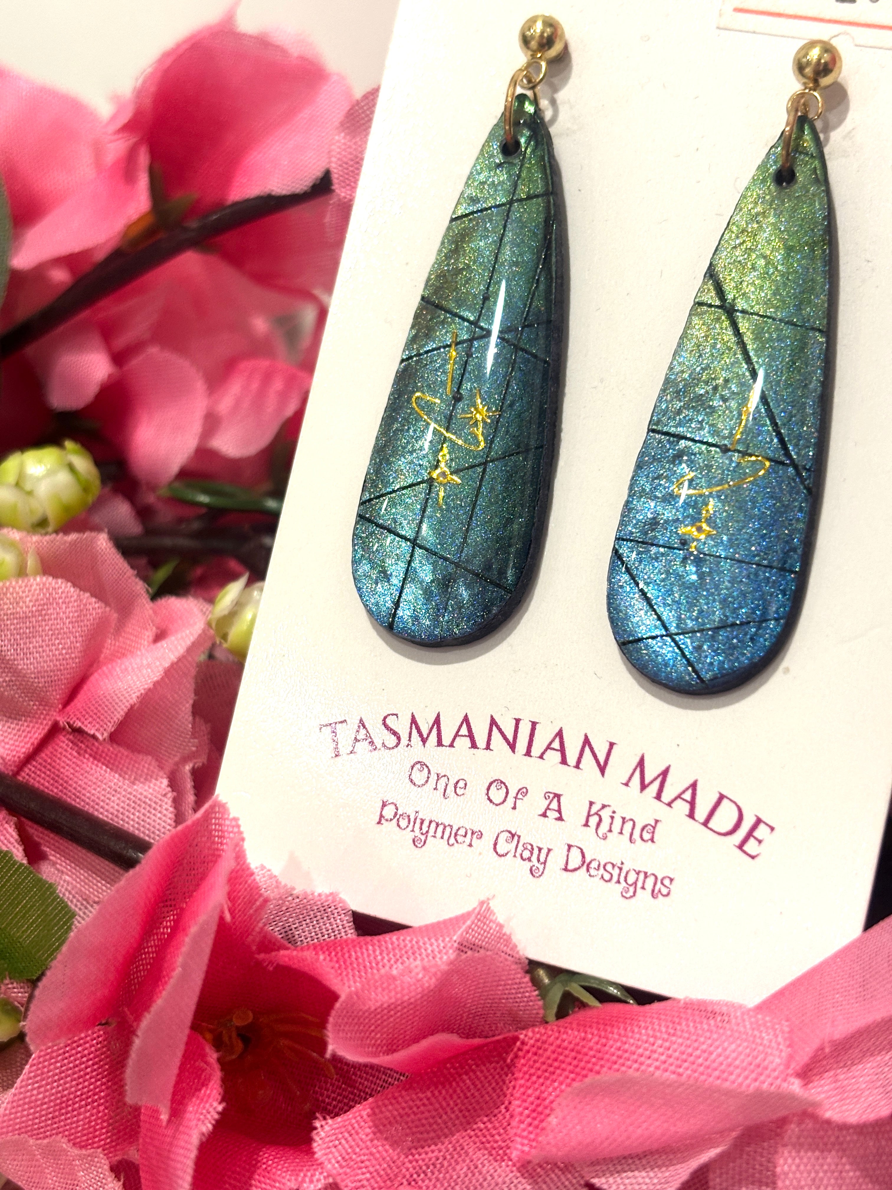 Celestial Teardrop Earrings | Blue Galaxy Polymer Clay Statement Earrings