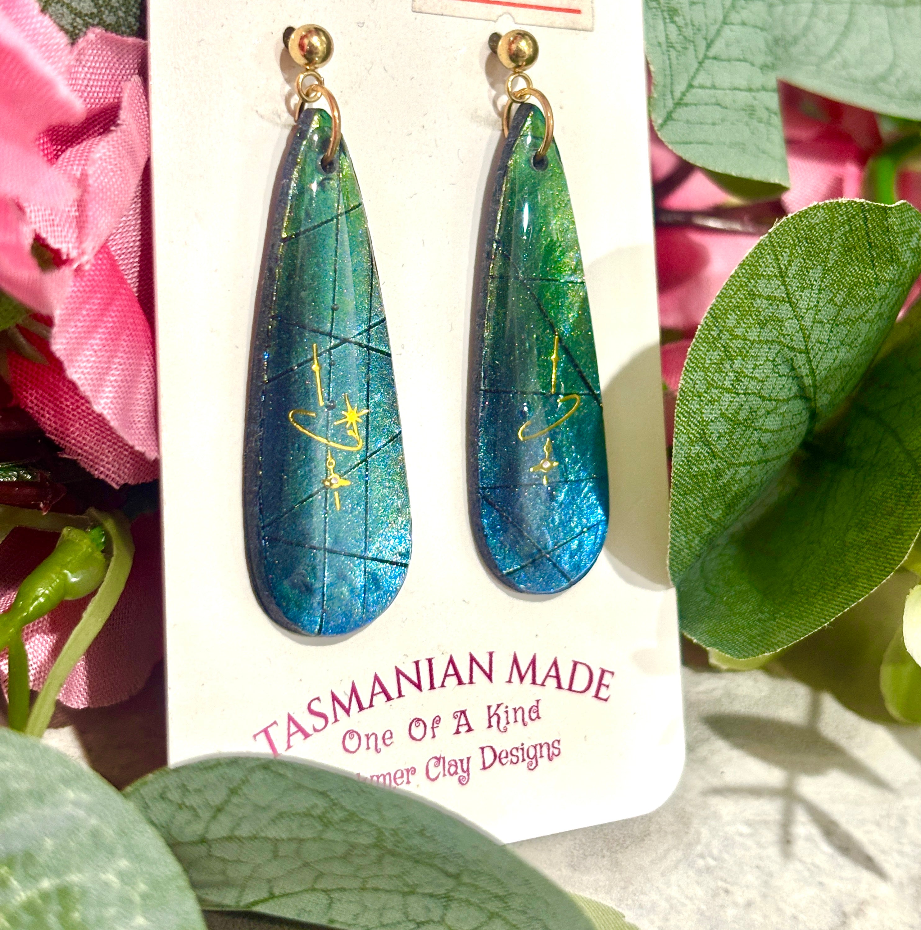 Celestial Teardrop Earrings | Blue Galaxy Polymer Clay Statement Earrings
