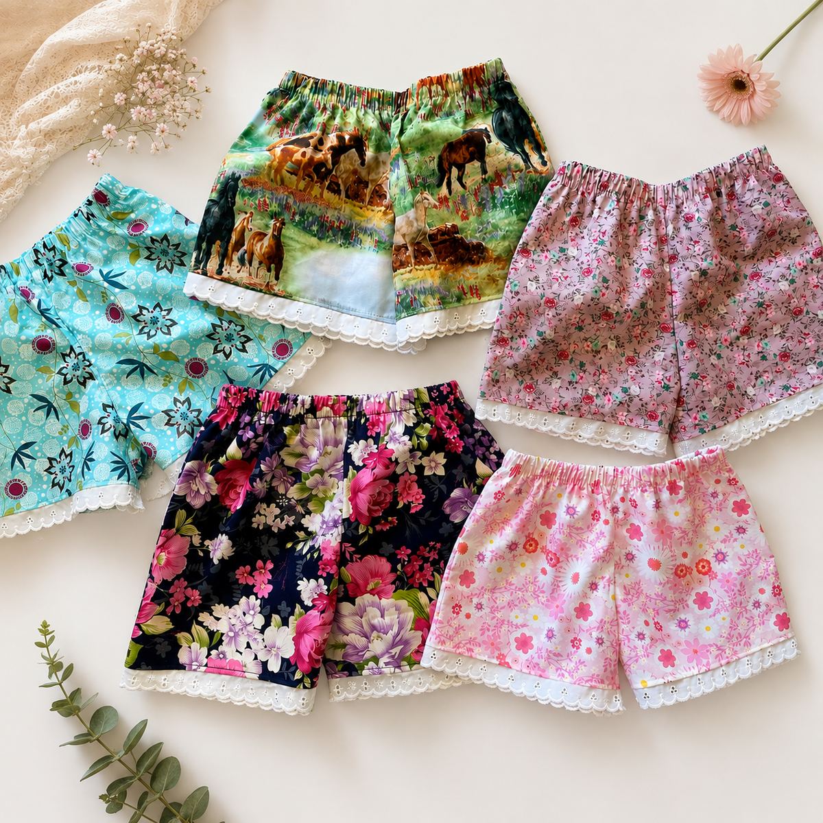 Girls Cotton lace hem Shorts - MIXED PRINTS AND SIZES