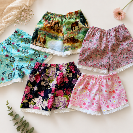 Girls Cotton lace hem Shorts - MIXED PRINTS AND SIZES