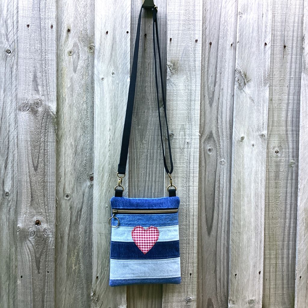 Upcycled Denim Crossbody Bag - Red Gingham Heart