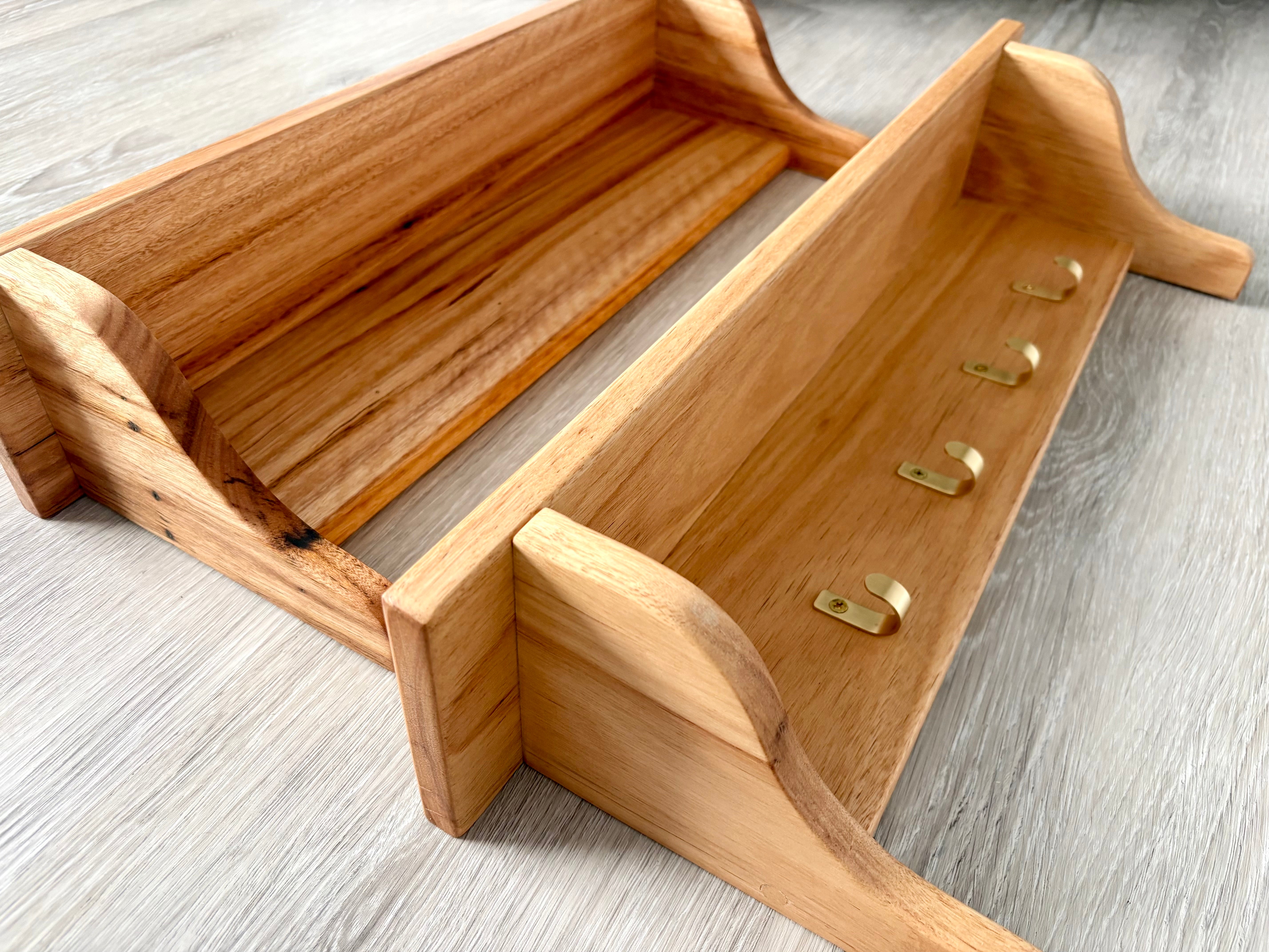Blackbutt wall shelf with gold hooks