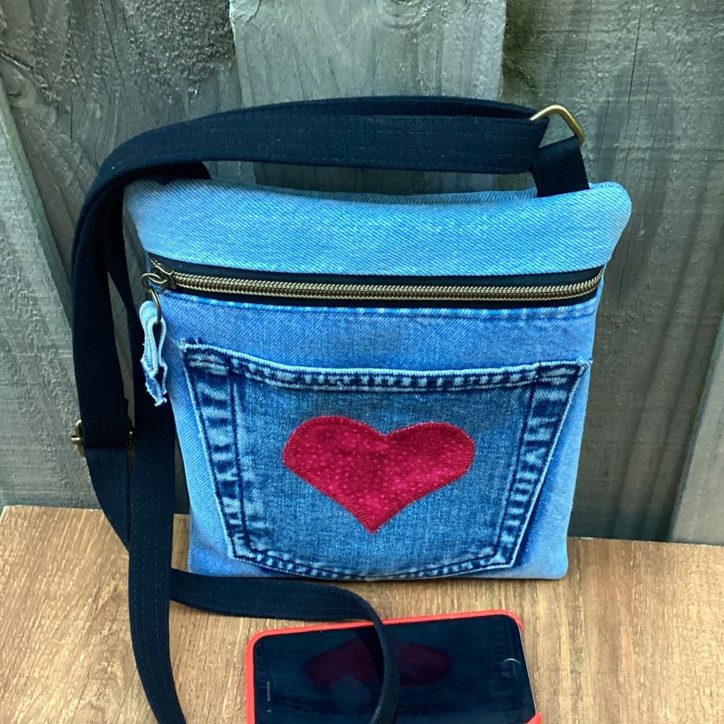 Cross Body Denim Bag - Pocket Red Heart