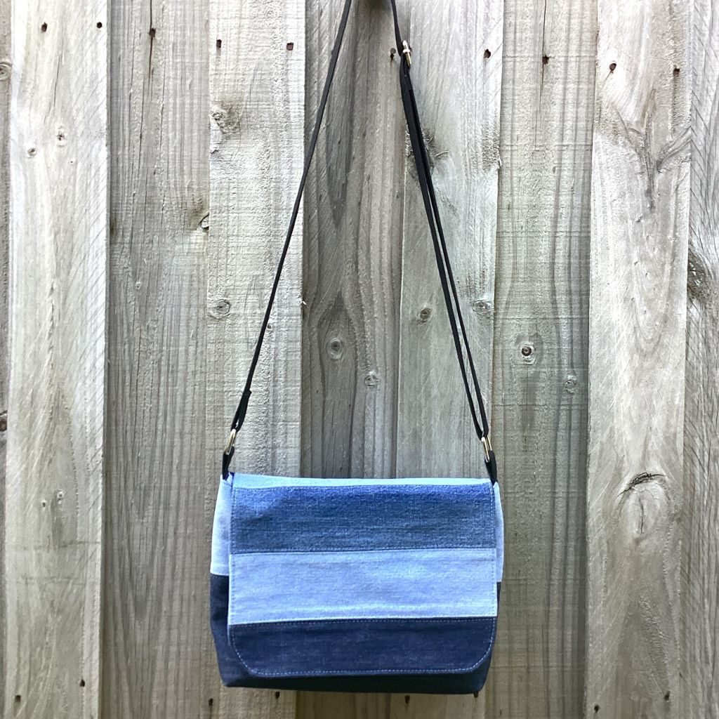Upcycled Denim Cross Body Messenger Bag - Blue Stripes