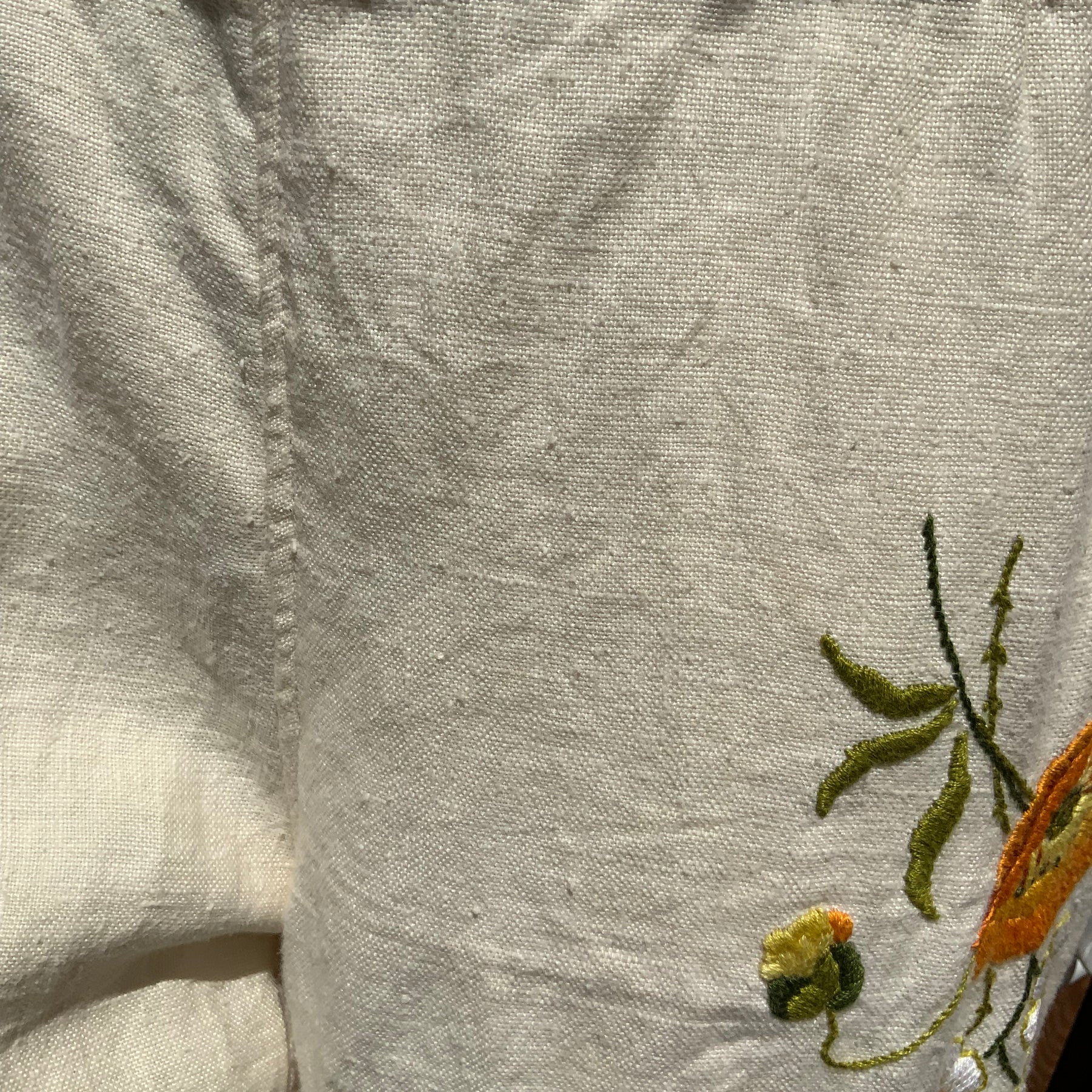 Upcycled embroidered linen tablecloth into "Flower Power" Bell Bottoms