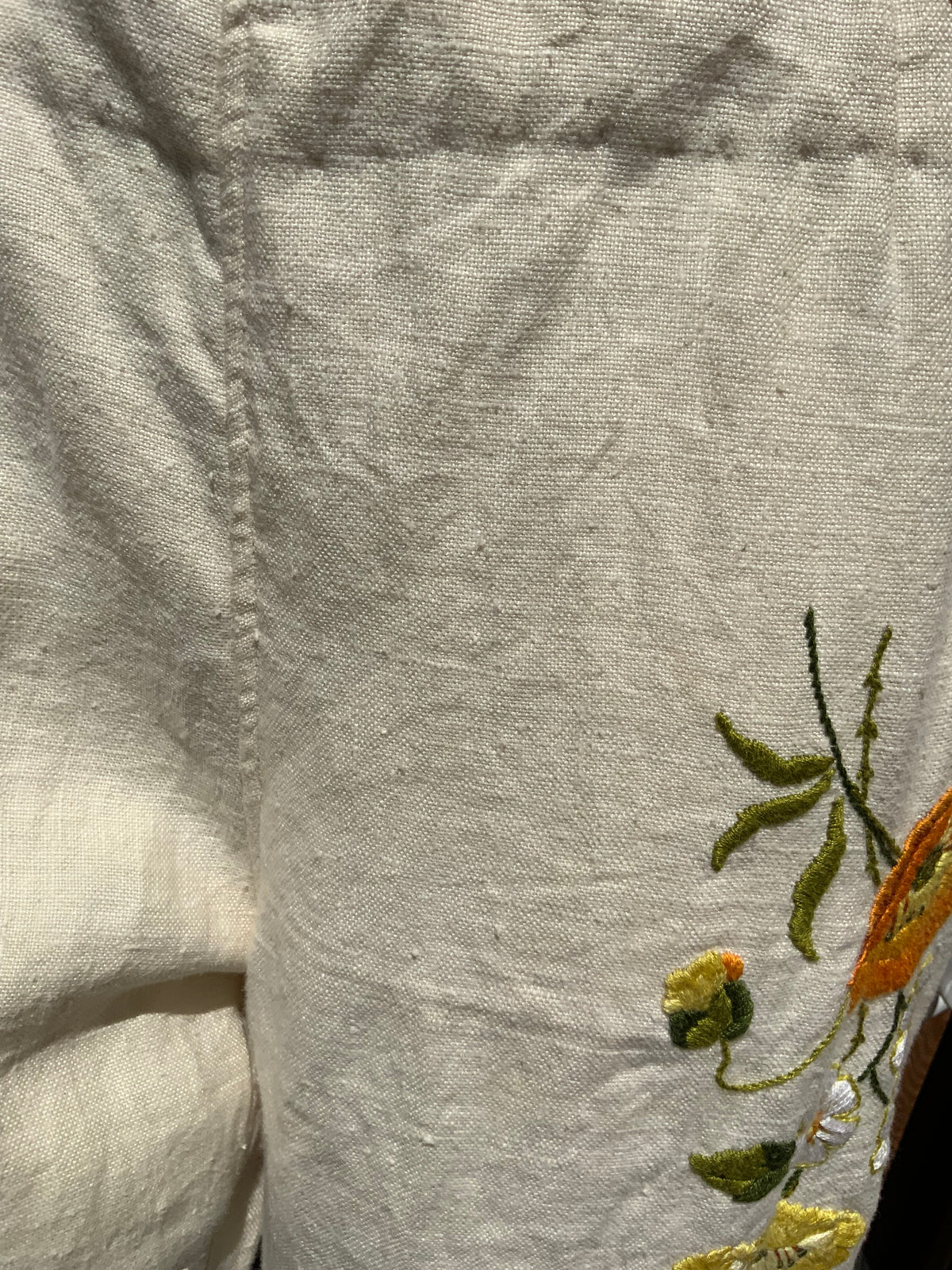 Upcycled embroidered linen tablecloth into "Flower Power" Bell Bottoms