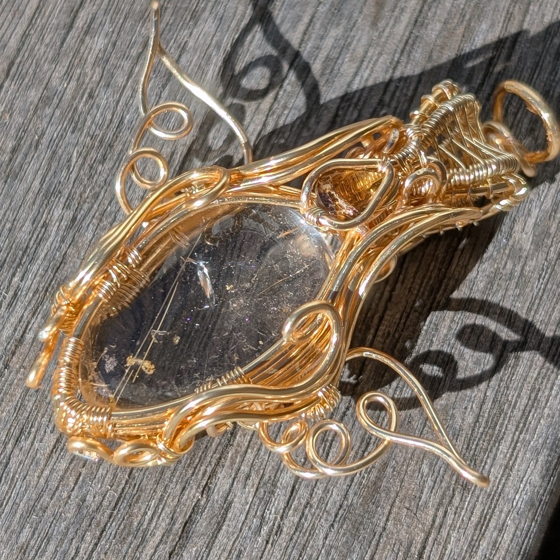 Aetheria - Golden Rutile Quartz with Tourmaline Facet in Gold Coloured Copper
