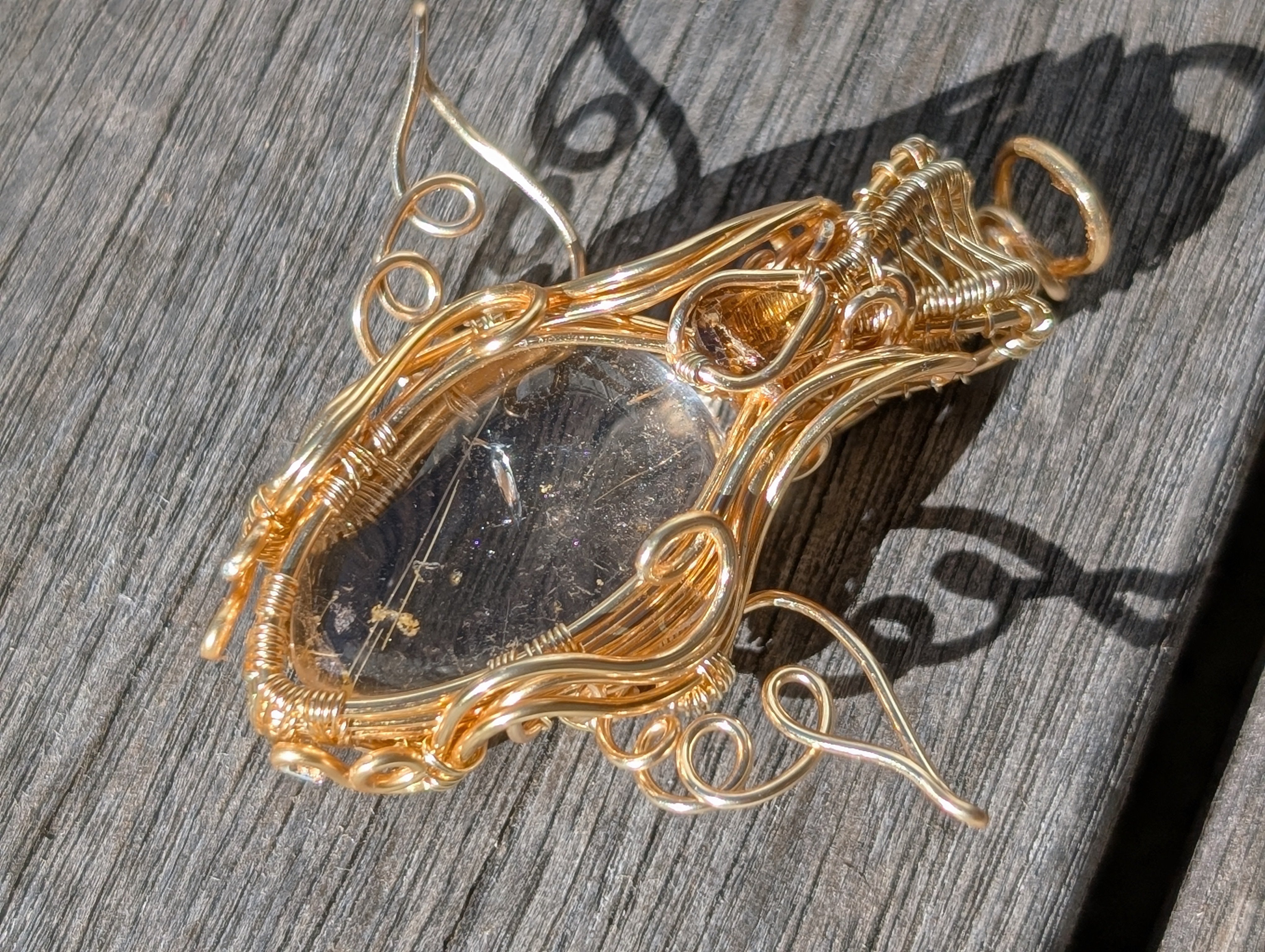 Aetheria - Golden Rutile Quartz with Tourmaline Facet in Gold Coloured Copper