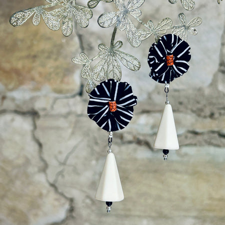 Earrings Black White Textile & Vintage Beads - EBW-113