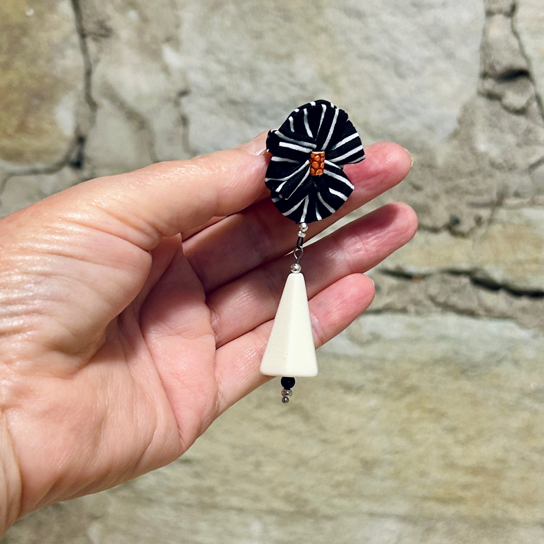 Earrings Black White Textile & Vintage Beads - EBW-113