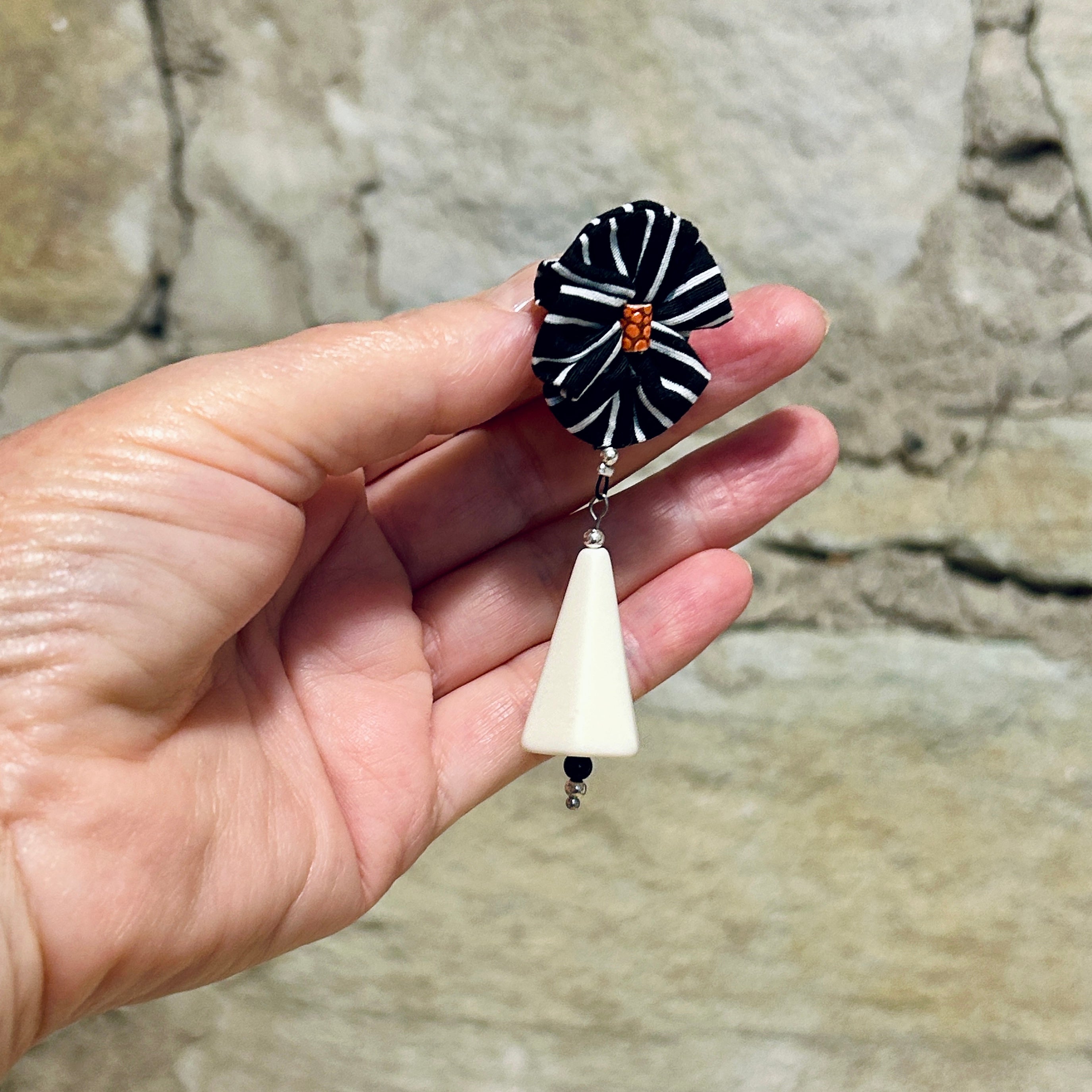 Earrings Black White Textile & Vintage Beads - EBW-113
