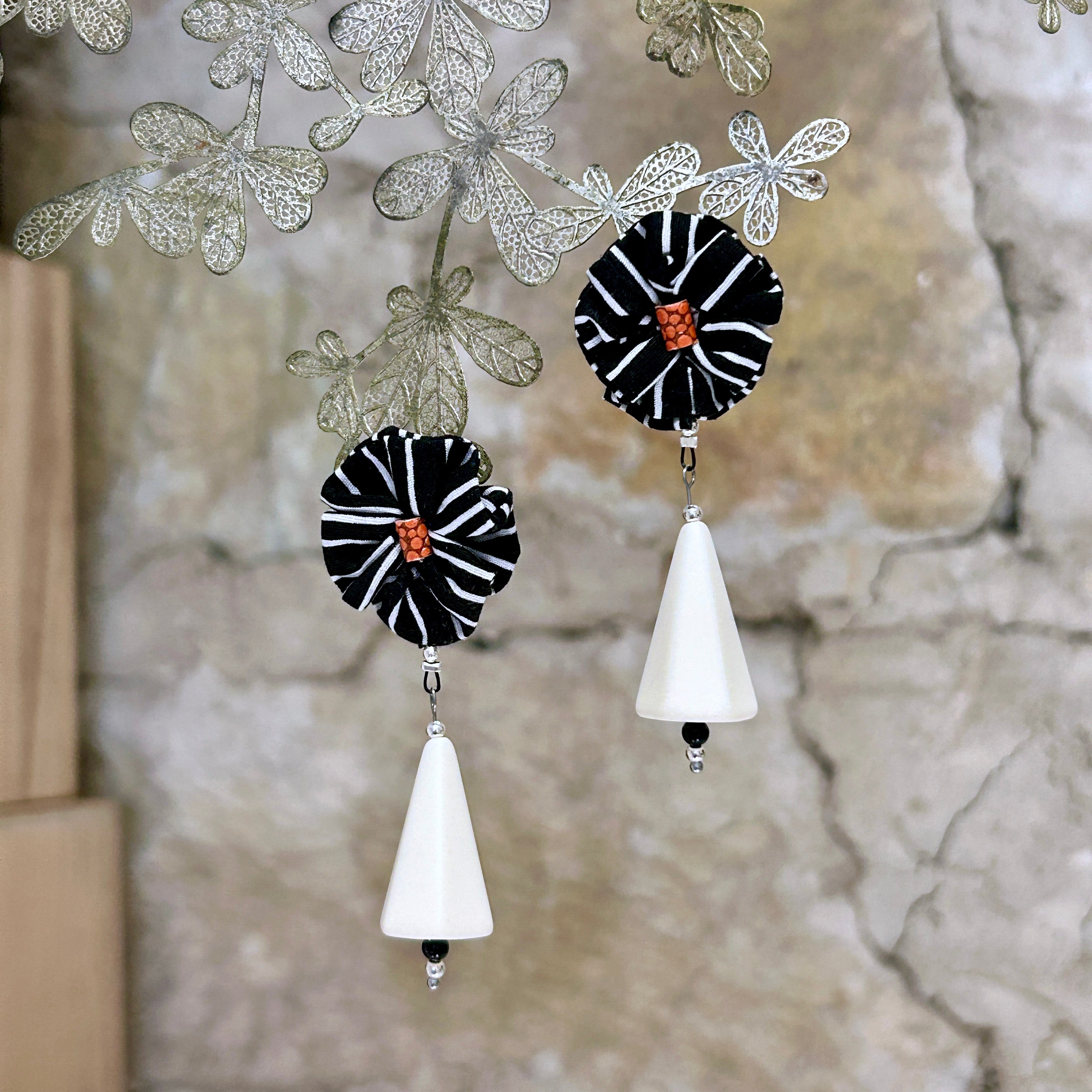 Earrings Black White Textile & Vintage Beads - EBW-113